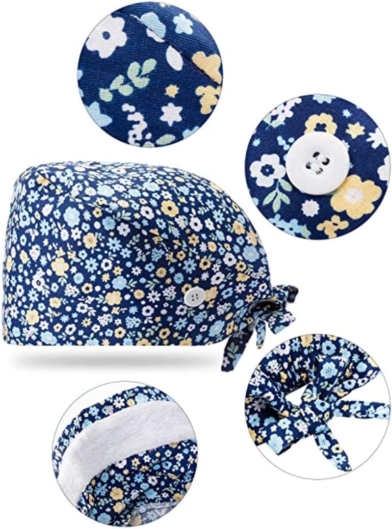 8 Packs Adjustable Cotton Working Caps with Button Sweatband Tie Back Hats Headwear Printed for Women Men