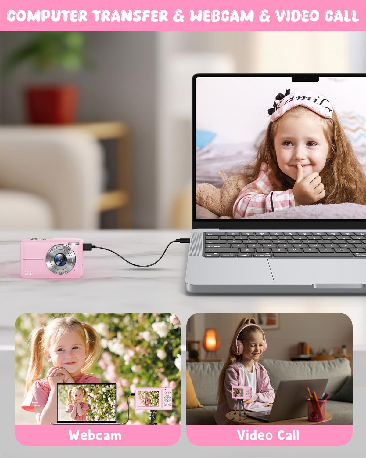 Macchina Fotografica Digitale con Scheda 32GB, 1080P 44MP Fotocamera Digitale Compatta con Zoom Digitale 16X Flash e 2 Batterie, Macchina Fotografica per Bambini, Adulti, Principianti (Rosa)