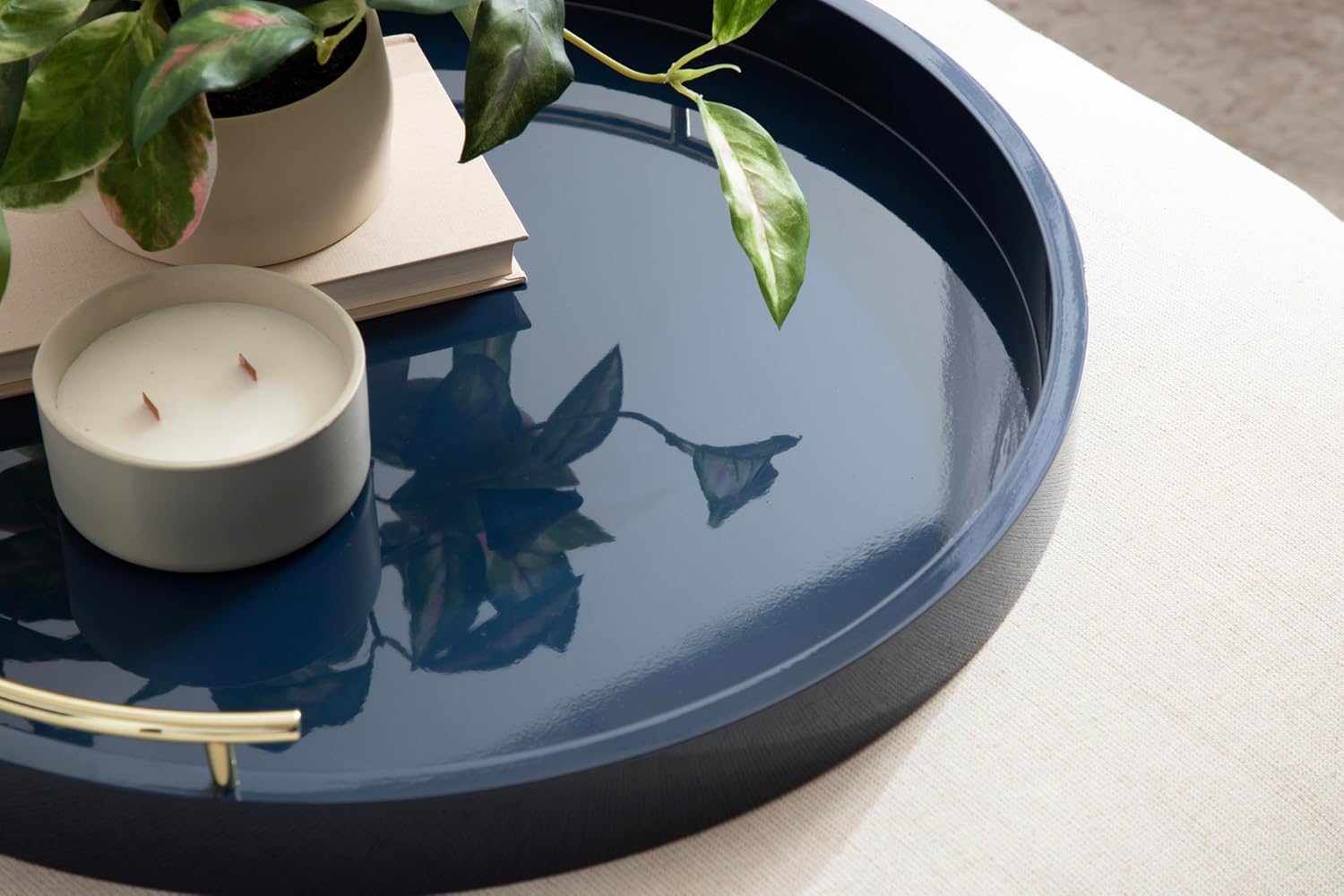 Kate And Laurel Lipton Modern Round Ottoman Tray; 22 Inch Diameter; Navy and Gold; Decorative Circle Coffee Table Tray for Living Room Decor or Large Serving Tray