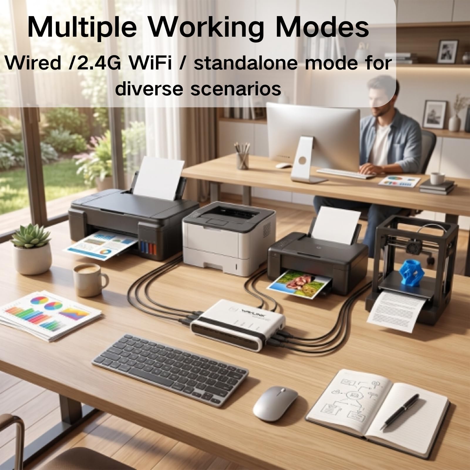 Serveur d'impression sans Fil, Partagez 4 Imprimantes USB sur LAN Via Ethernet ou WiFi, Plug and Play, Configuration Facile, Serveur d'impression sans Fil pour Une Utilisation en (Prise UE)