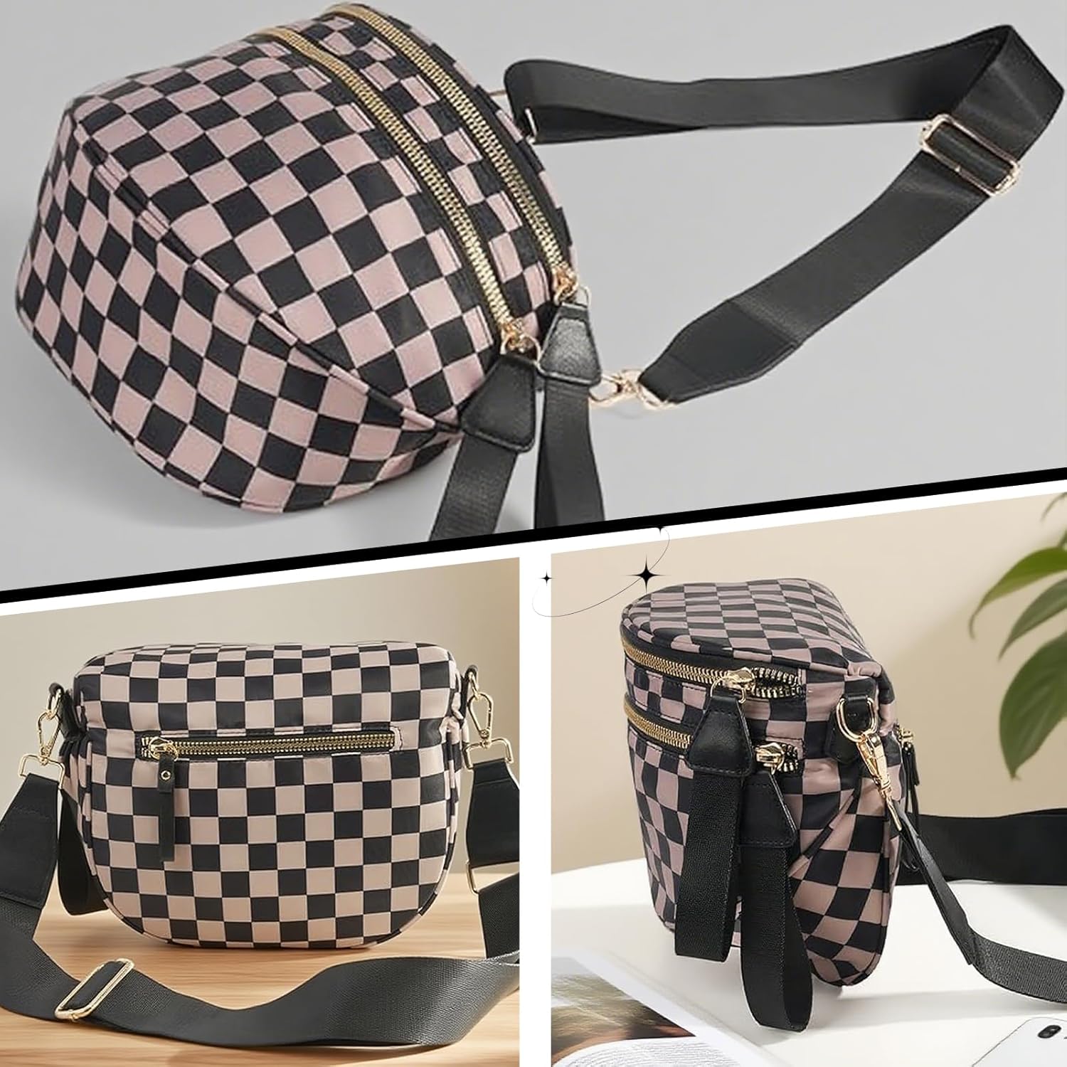 Checkered Crossbody Bag Spacious Nylon Cross Body Bag for Woman Mom Purse Fanny Packs Bumbag Christmas Gifts for Women Trendy (Khaki and Black Checkered) - Image 4