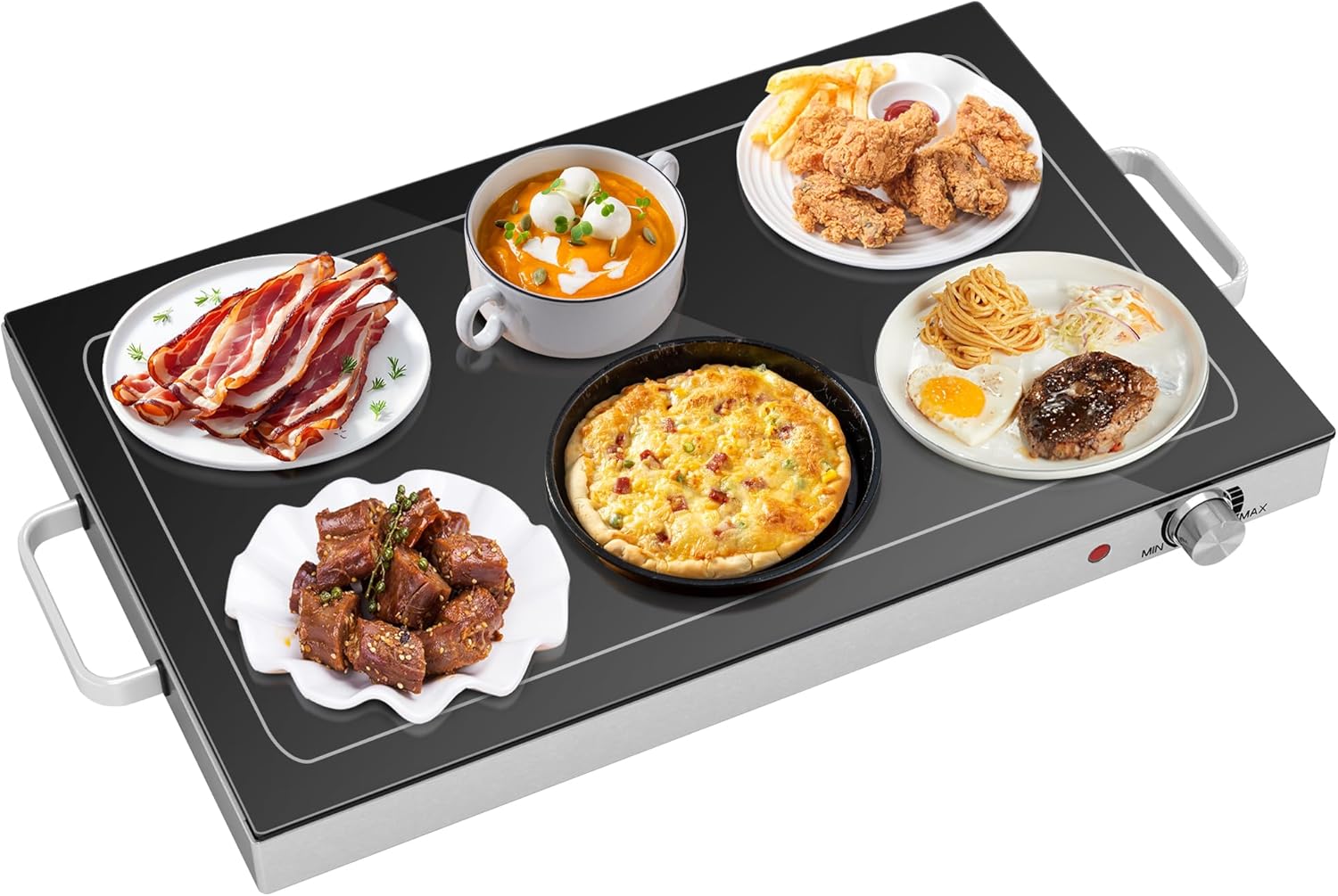 HOMCOM Electric Warming Tray with Adjustable Temperature, Food Warmer with Glass-Top Surface, Cool-Touch Handles and Non-Slip Feet for Parties, Buffets, Gatherings, 22" W x 14" Surface, Black