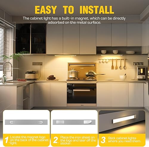 Miniatura 5 de Paquete de 2 luces LED para debajo del gabinete, 52 LED de color blanco cálido recargables debajo del gabinete, luces LED con sensor de movimiento