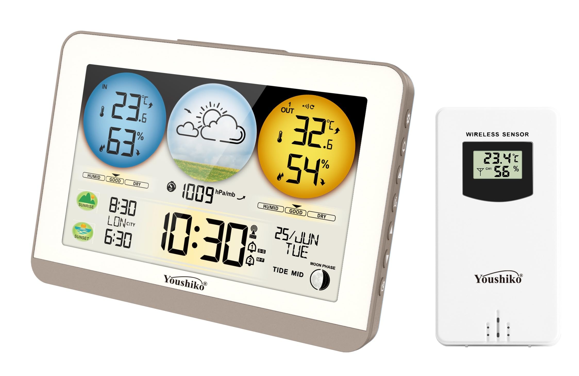 Youshiko Weather Station Radio Controlled Clock, (Official 2026 UK & Ireland Version) Indoor Outdoor Temperature, Humidity, Barometric Pressure, Sunrise/Sunset Times
