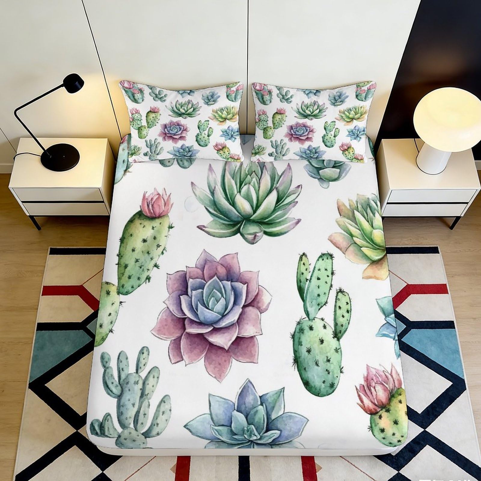 3D Printed Cactus Succulent Fitted Sheet Microfiber Soft Decorative Bed Cover for Bedroom Guest Room Easy Care 90x200x25cm