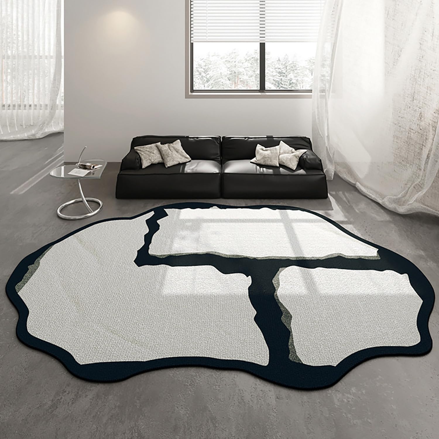 Tapis abstrait noir et blanc au design irrégulier unique pour salle à manger