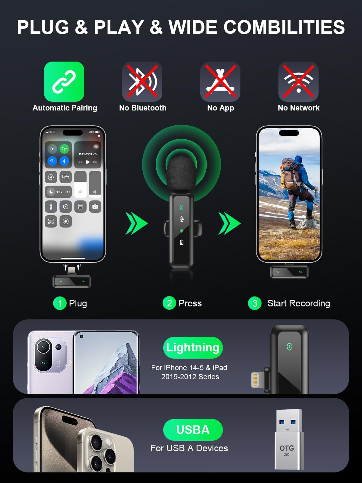 Wireless Lavalier Microphone for iPhone 5-14 Series, LED Display Mini Lav for iPhone with Noise Cancelling, Lapel Mic Wireless 2 pack for Content Creator Video Recording, Vlogging (Lightning Only): Lightning RX Mic