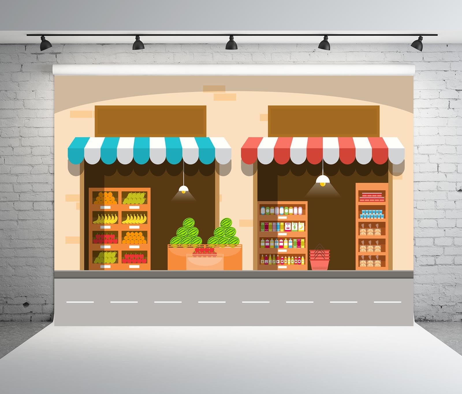 BELECO 3x2.5m Fondo Tienda Frutas Verduras Dibujo Animado, Tienda Comida Callejera, Decoración Fiesta Tema Alimenticio Estudio Foto