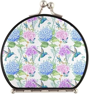 Blue Purple Hydrangea Flowers, Hummingbird Bird Green Leaves on White Compact Makeup Mirror, Twin-Sided Cosmetic Mirror with 2 x 1x Magnification, Buckle Folding Mini Pocket Portable Hand Mirror