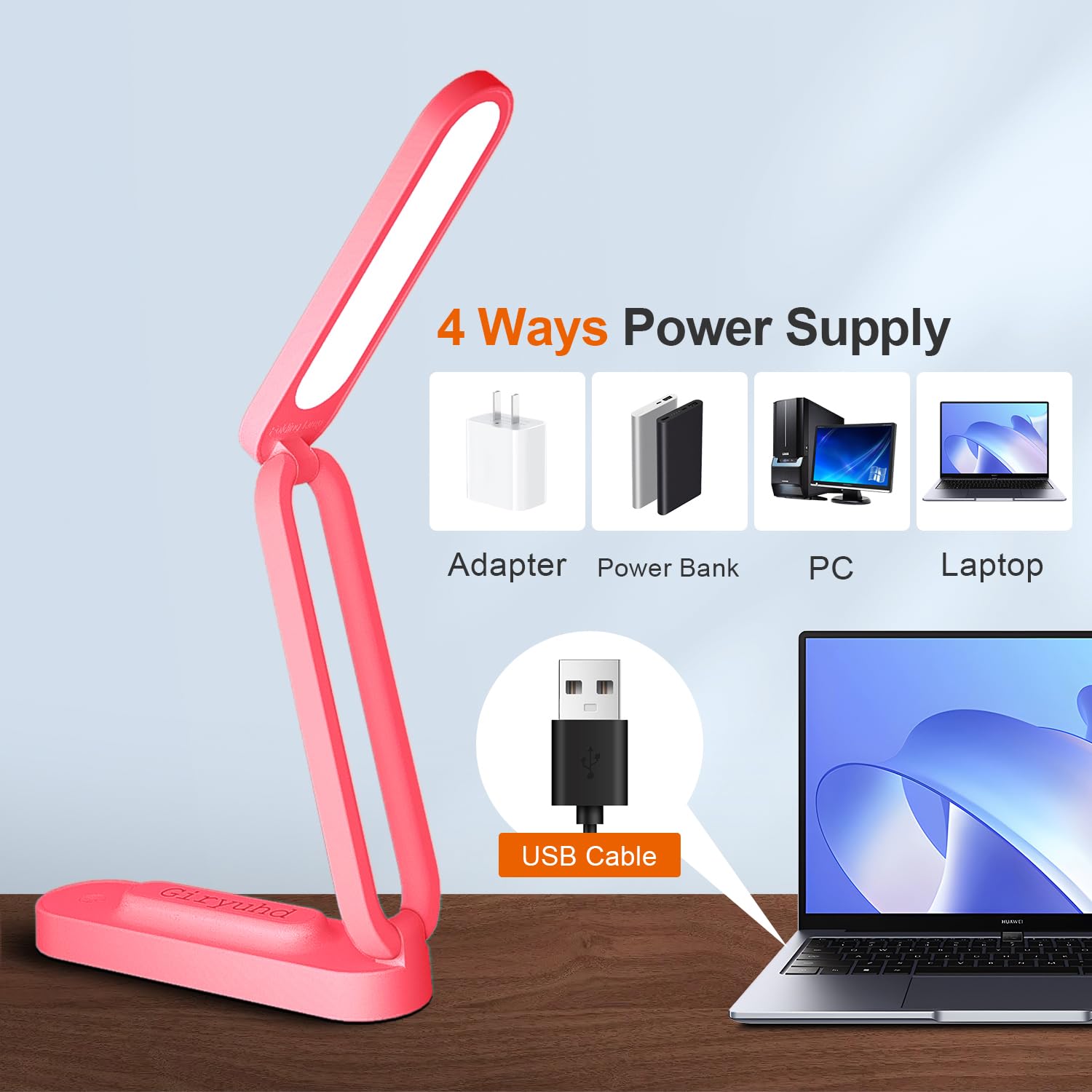Giryuhd USB Rechargeable Desk Lamp - Foldable, Touch Control, 3 Brightness Levels, Pink, With Phone Charging Port - View #9