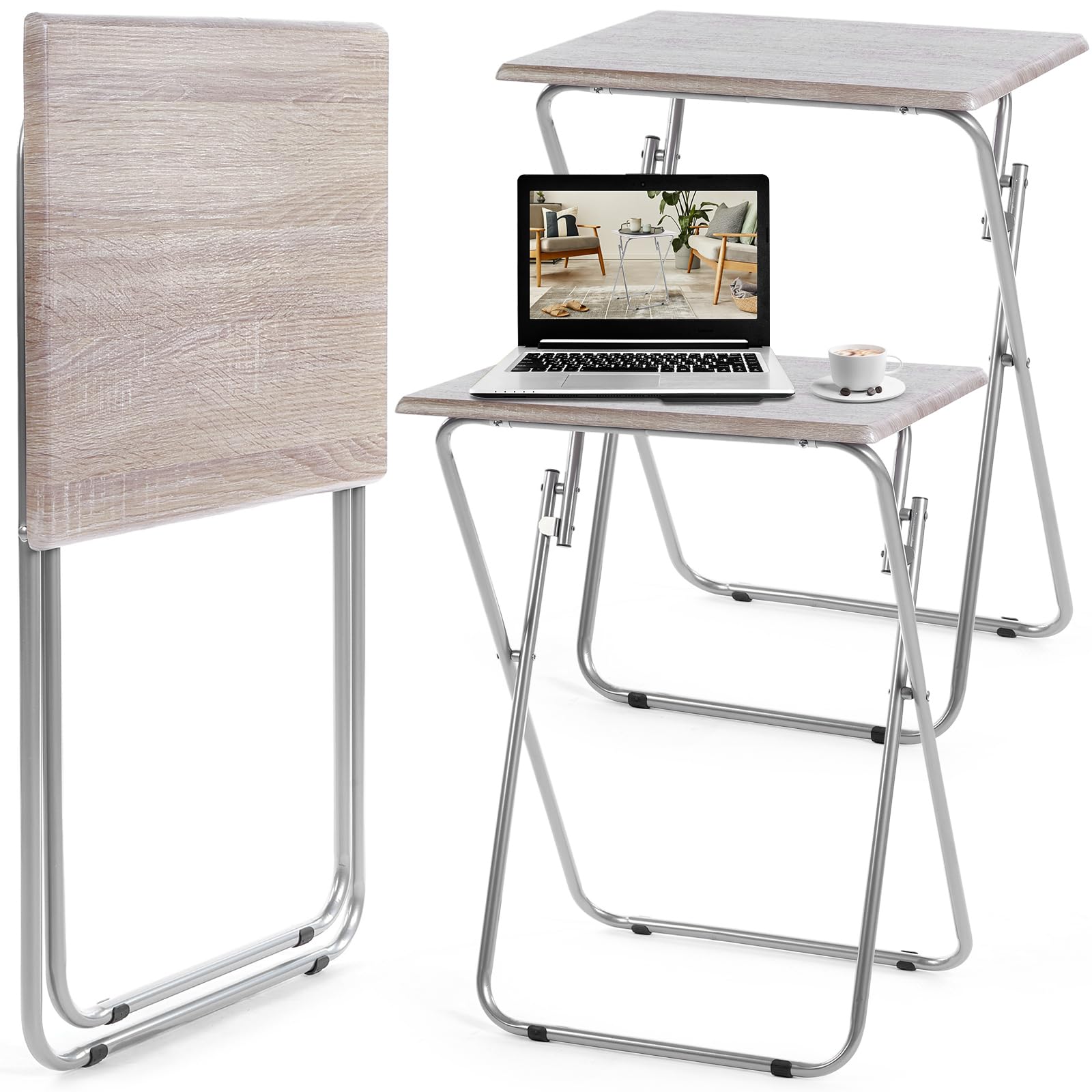 Photo 1 of 2 Pack Folding TV Tray Tables No Assembly Required 18.9 x 15 x 26 in Dinner Table Foldable Snack End Table for Bed Couch Eating Living Room Bedroom (Light Brown)