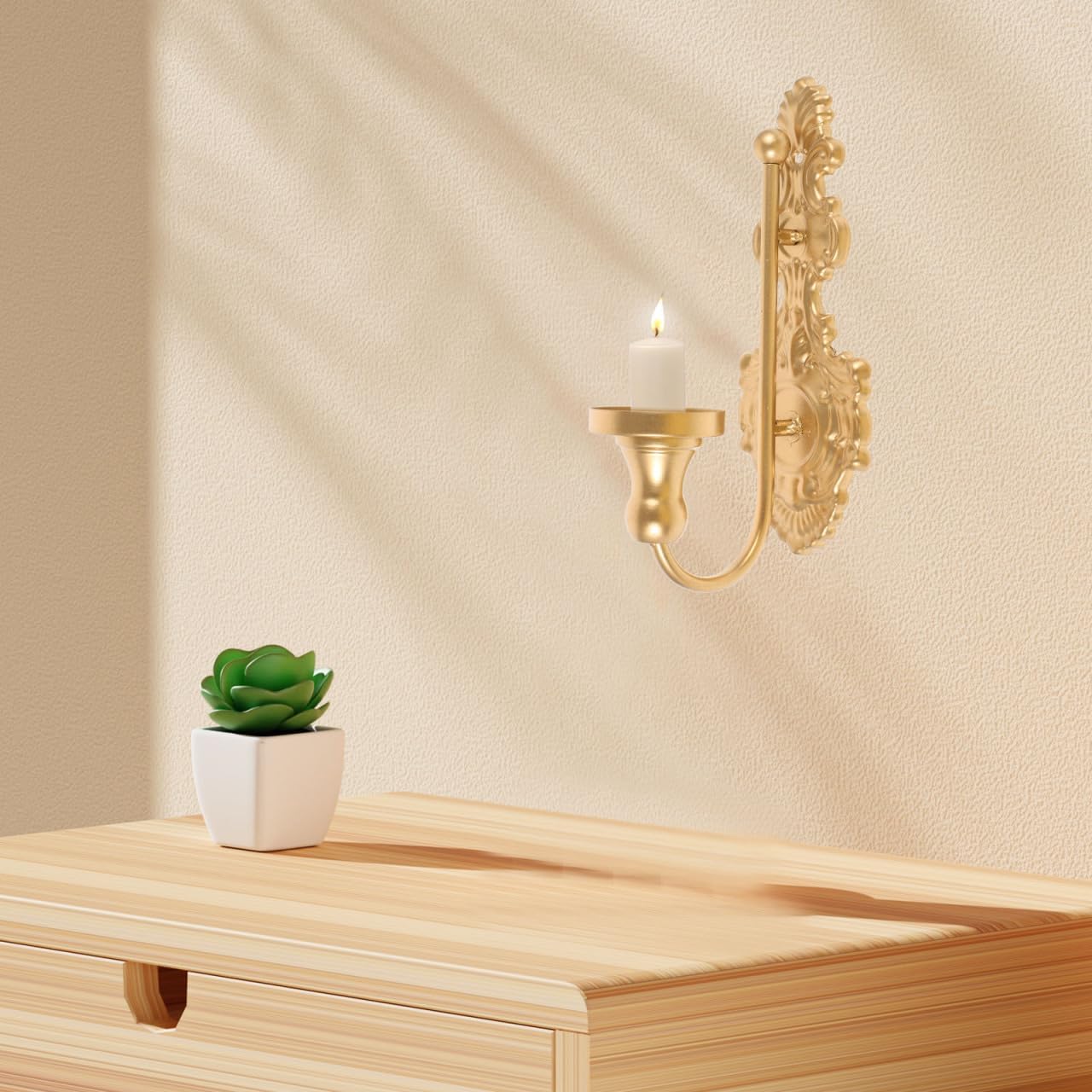 HANABASS Cast Iron Candle Wall Sconce Metal Wall Hanging Sconce Vintage Candle Holder Gothic Decorative for Living Room Bedroom Home Weddings Event Yard Channel, Golden