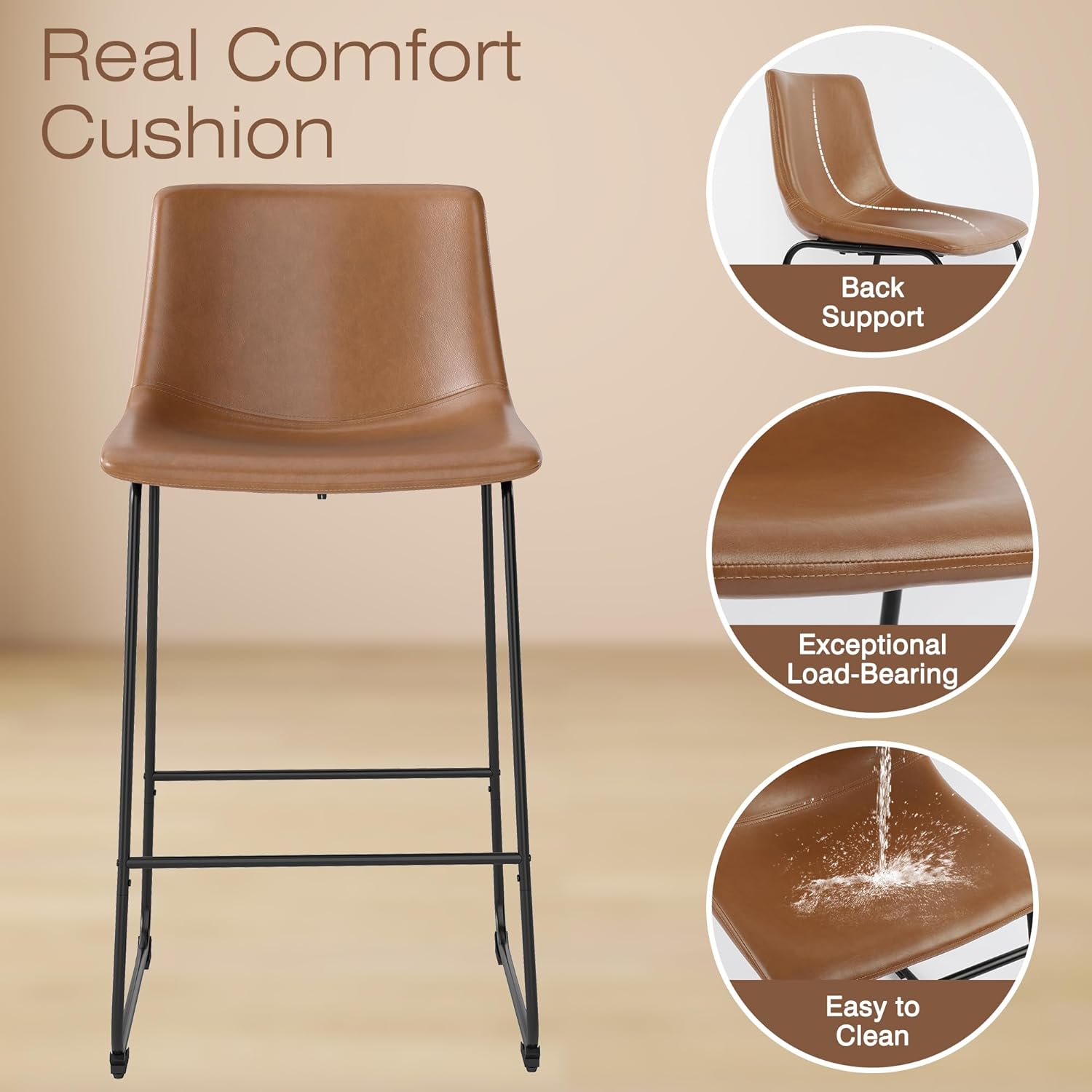 LSSBOUGHT Bar Stool, Modern Counter Height Barstools, PU Leather Bar Stool with Metal Legs and Footrest, Armless Counter Chairs with Back for Kitchen Island (Brown-28in Barstools, 3PCS)