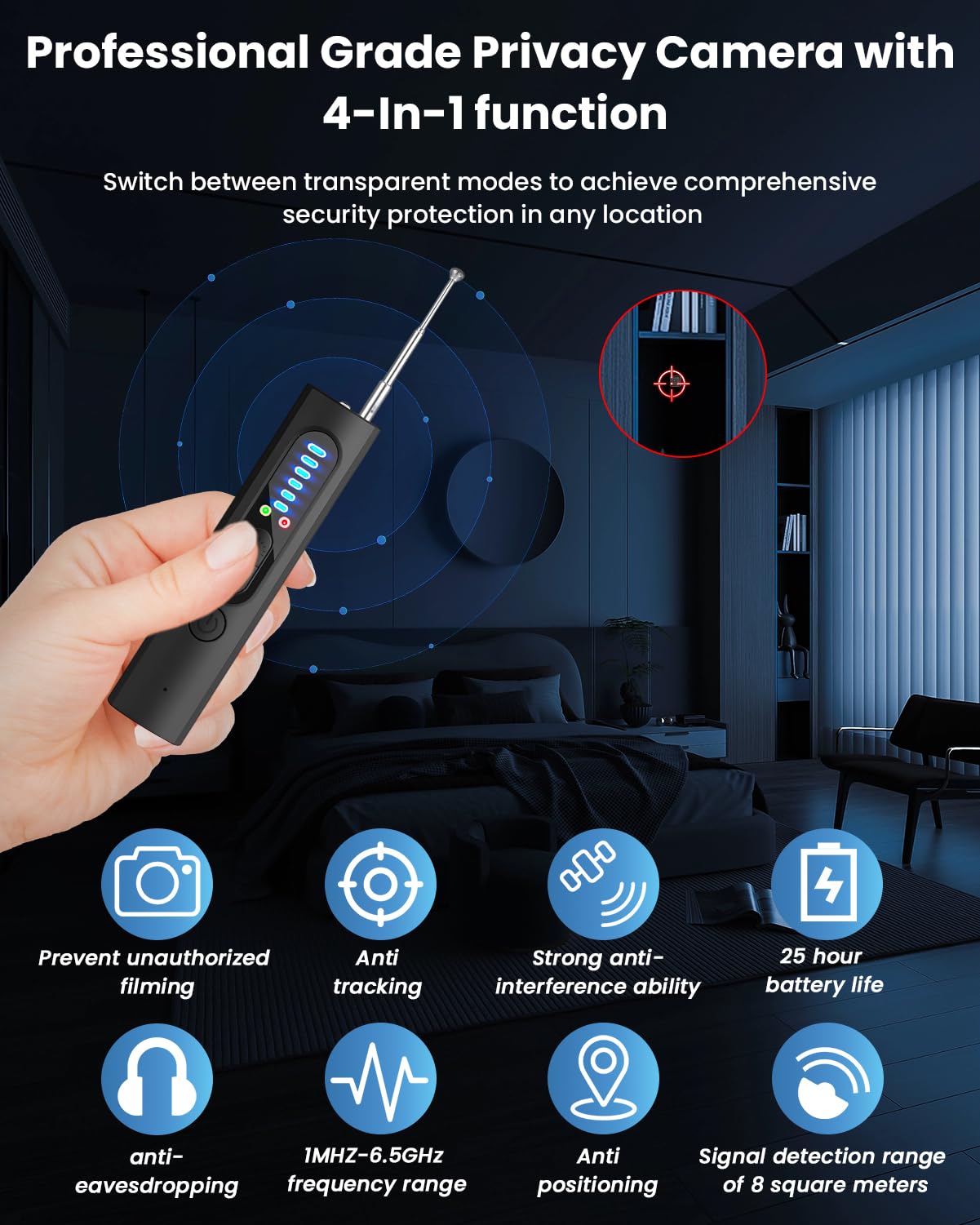 4 en 1 Détecteur de Caméra Cachée, Détecteur de Micro Espion et Traceur GPS Voiture, Détecteur RF sans Fil, Anti-Espion, 5 Niveaux de Sensibilité pour Bureau, Hôtel, Maison, Alarme de Sécurité