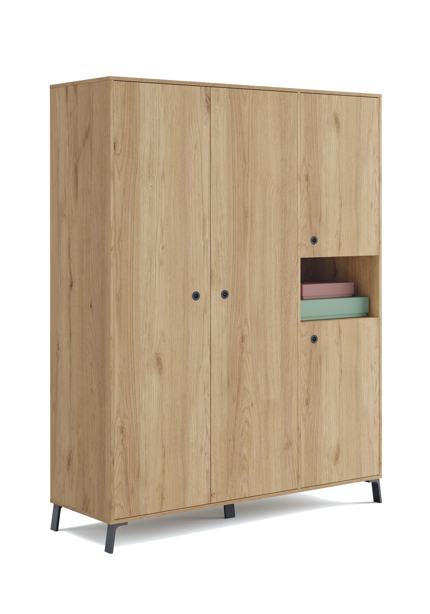 Muebles Pitarch | Armadio da Camera a 4 Ante, 1 Scomparto e 4 Ripiani, Piedini e Maniglie Neri, Rovere , 200x150x55 cm , Industriale, Moderno,
