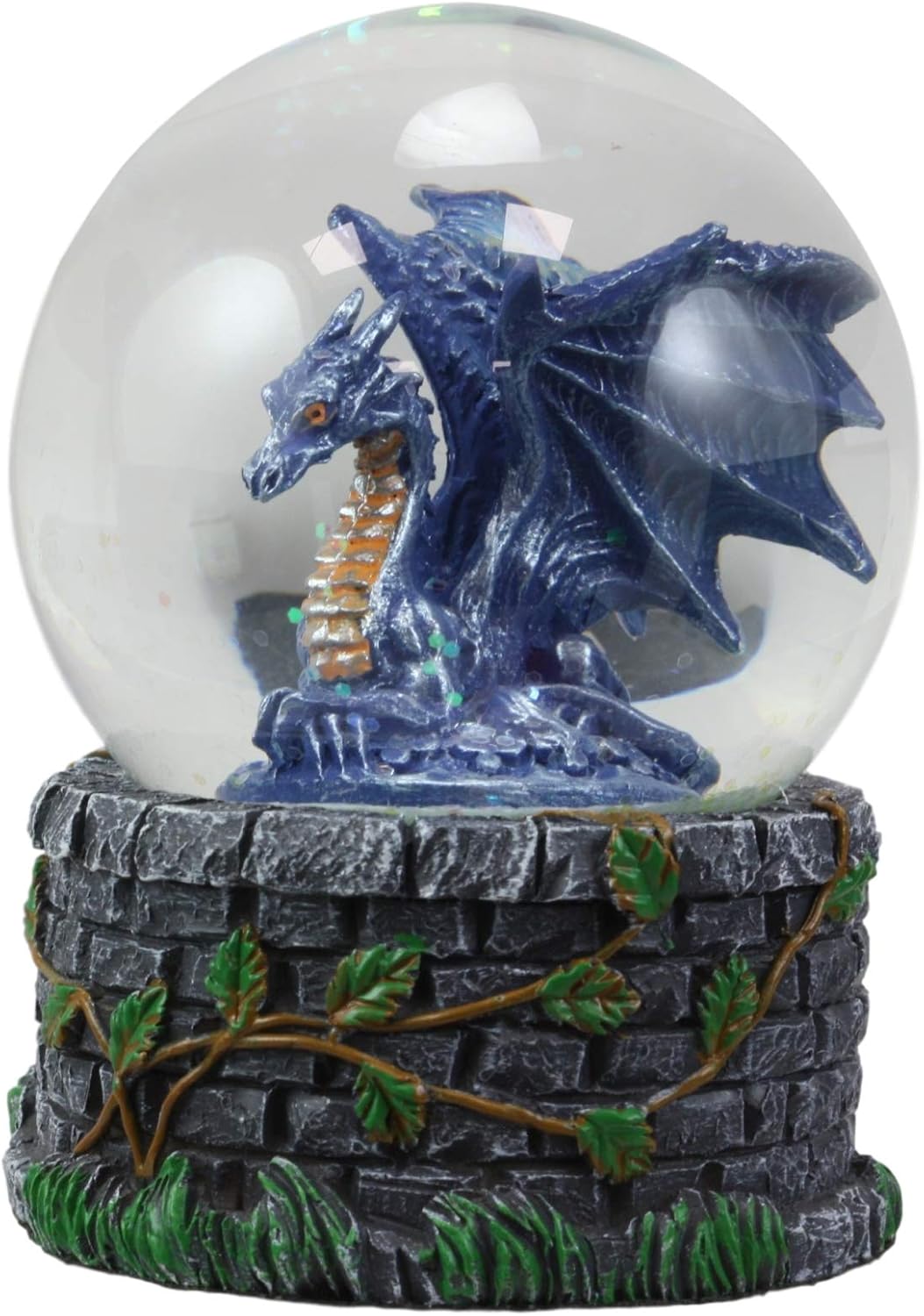 Ebros Small Fantasy Blue Midnight Dragon Sitting in Repose Glitter Water Globe Figurine with Stonewall Castle Tower Base 3.5" Tall