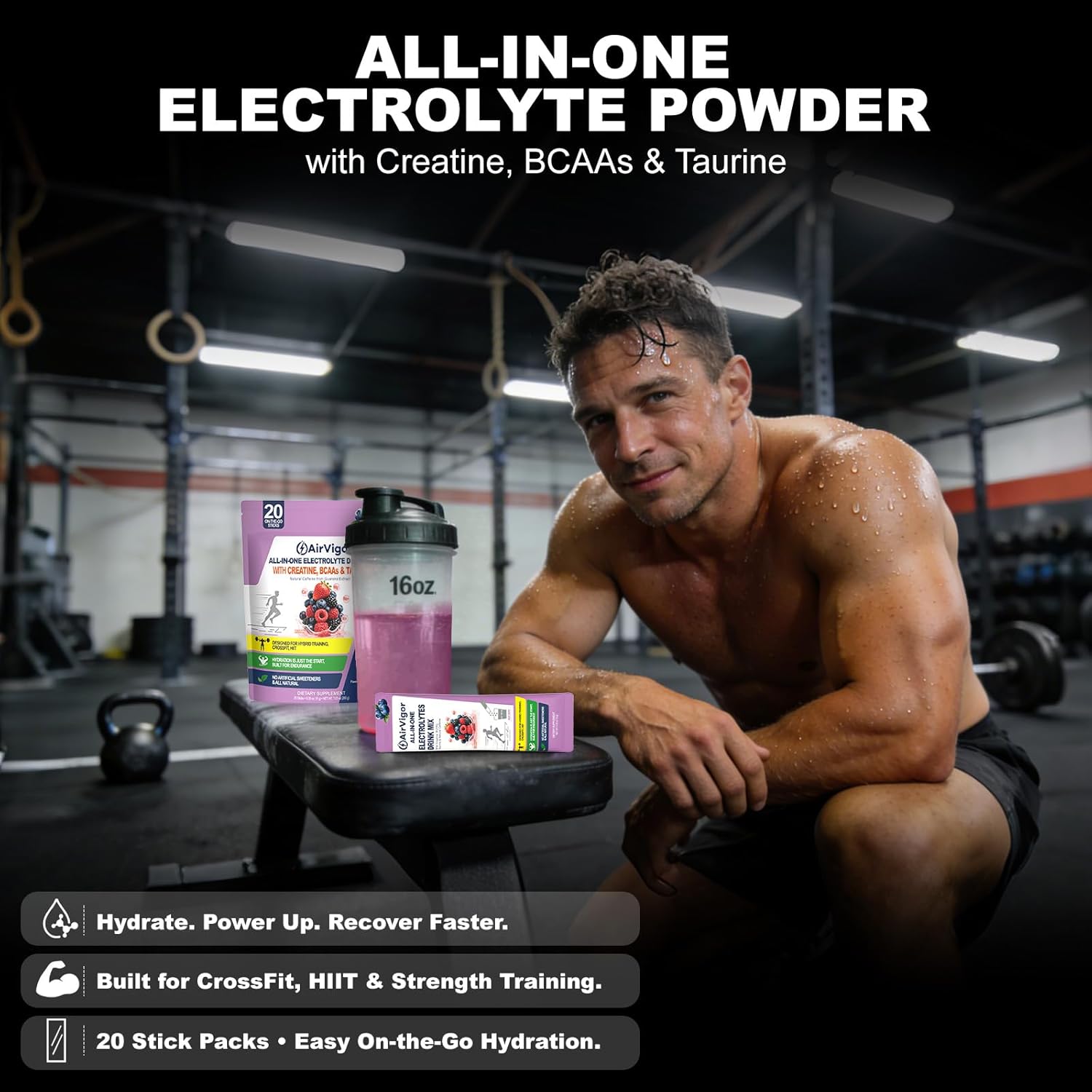 Electrolyte Powder with Creatine All-in-One Hydration Drink Mix for Workout, Pre Workout Energy & Recovery, Amino Support, Low Calorie Electrolyte Drink Packets, 20 Sticks, Only 5 Calories