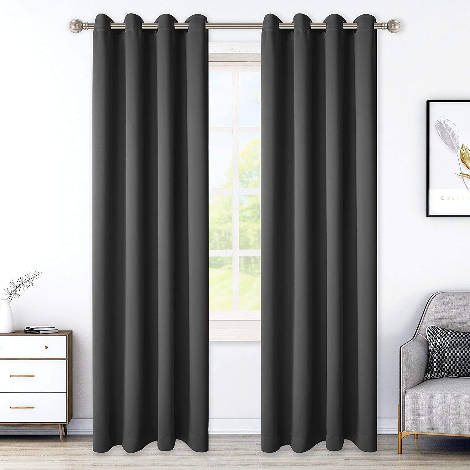 LORDTEX Blackout Curtains for Bedroom -Thermal Insulated Curtains with Grommet Top Room Darkening Noise Reducing Window Drapes for Living Room, 2 Panels, Dark Grey, 52 x 84 inch