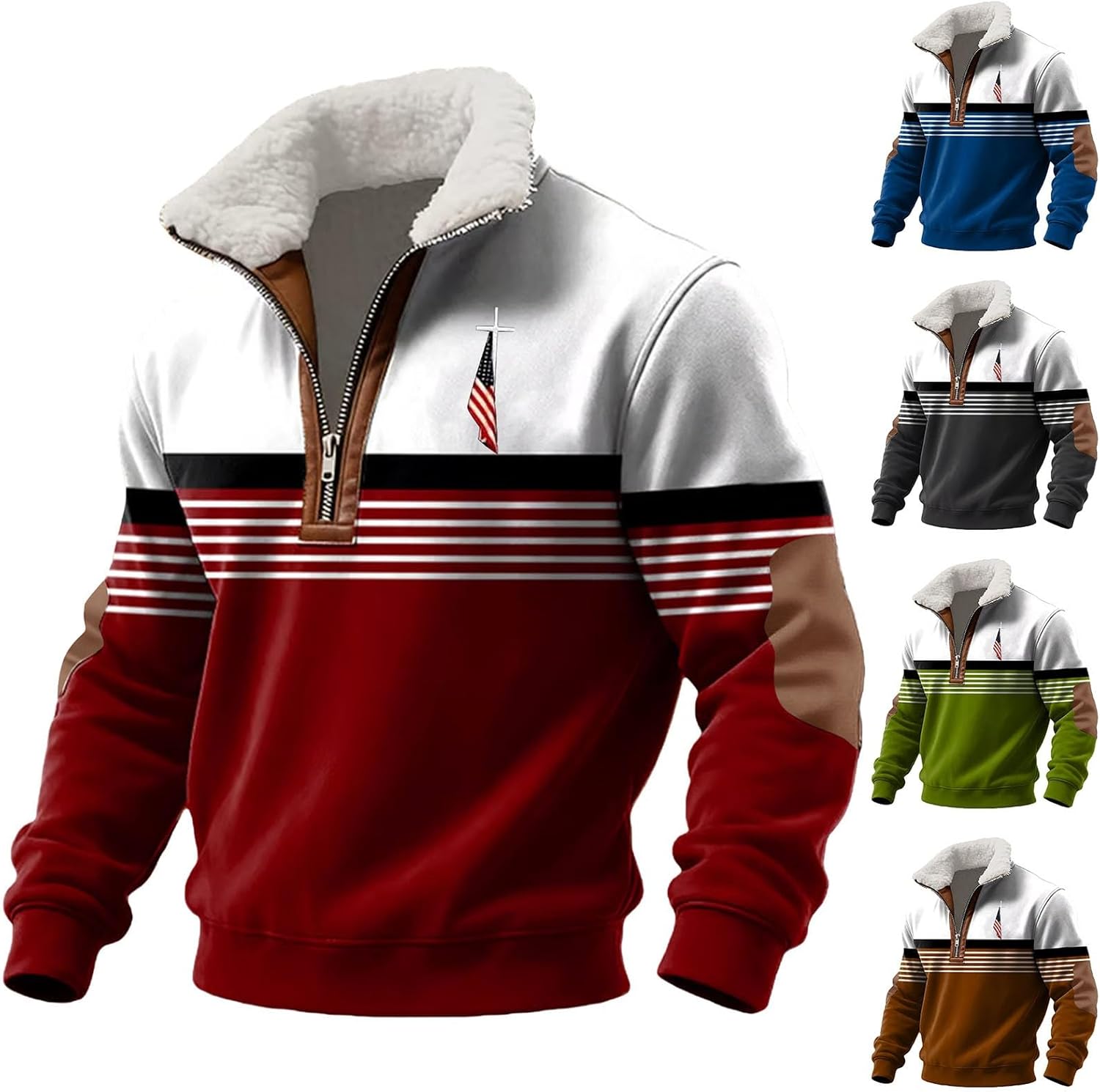 Christian Sweatshirts for Men Jesus Cross American Flag Print Pullover Fleece Lined Quarter Zip Stand Collar Sweaters - Image 7