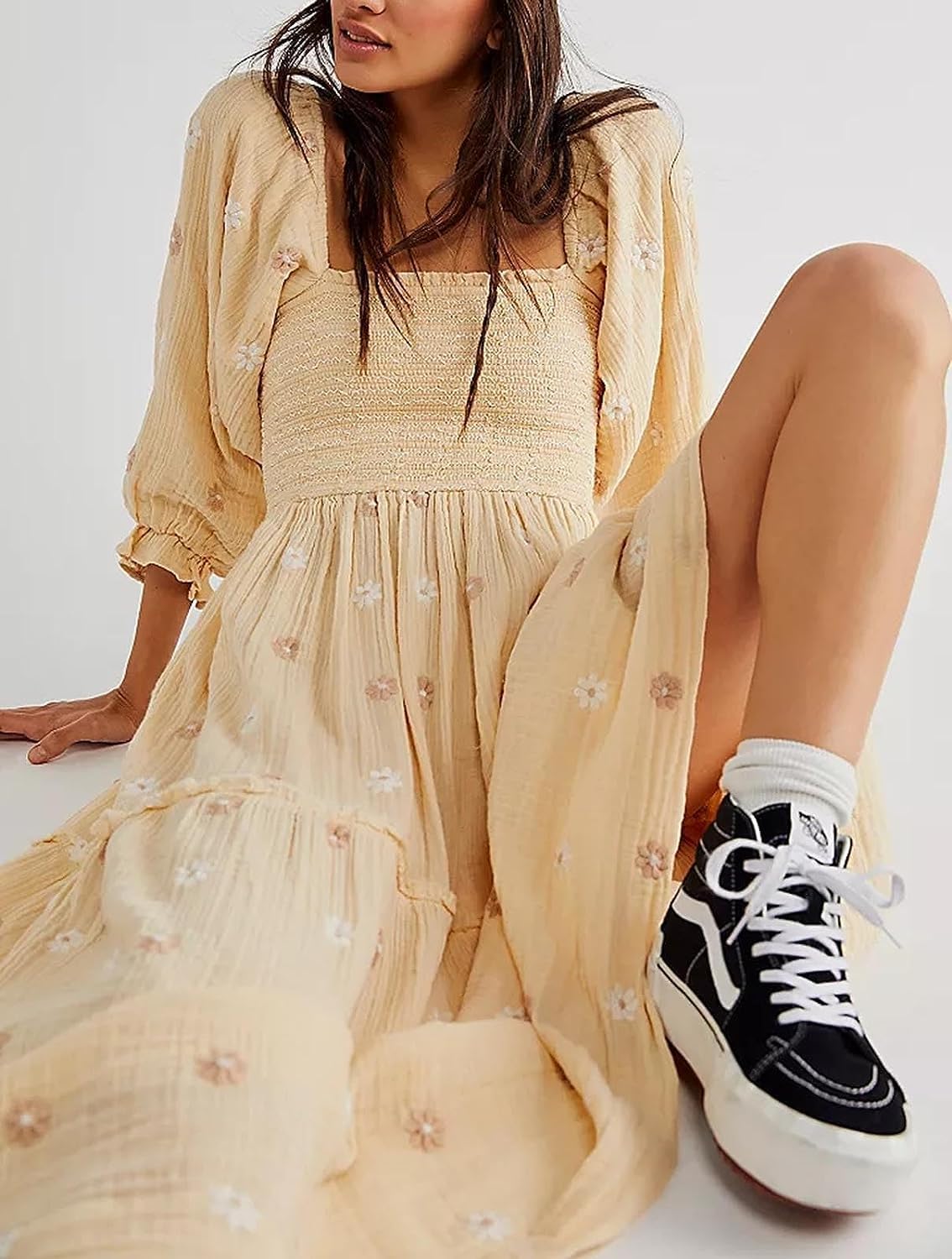 Willow Dance Women Casual Bohemian Floral Dress Square Neck Ruffle Swing A Line Long Sleeve Beach Maxi Dress with Pockets - Image 4