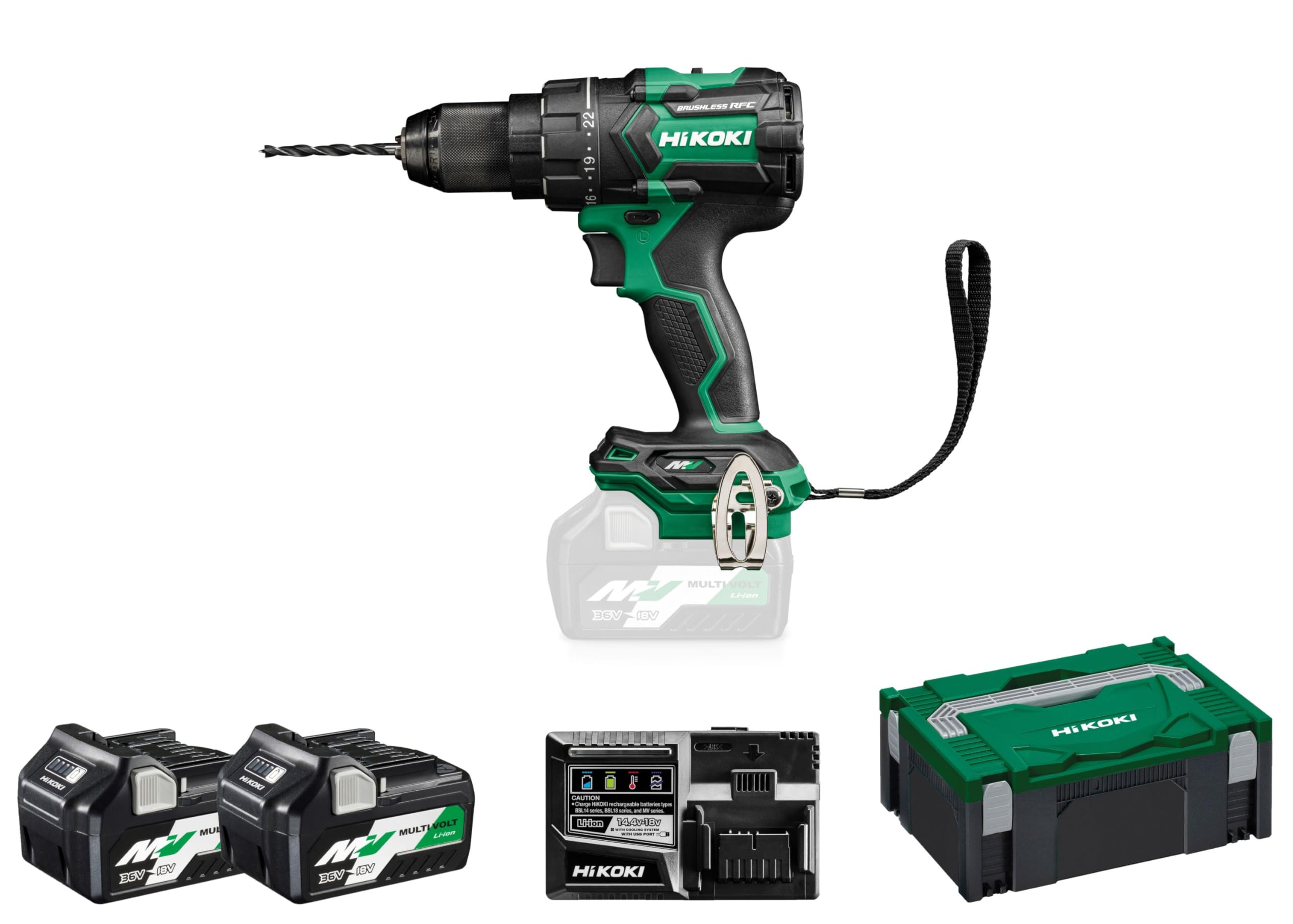 HIKOKI DS36DCWRZ Battery Drill Driver (36 V, 155 Nm, Chuck Capacity 1.5-13 mm, Brushless Motor, Additional Handle, Incl 2 x 2.5Ah MULTI VOLT Batteries + Charger and Stackable Case)