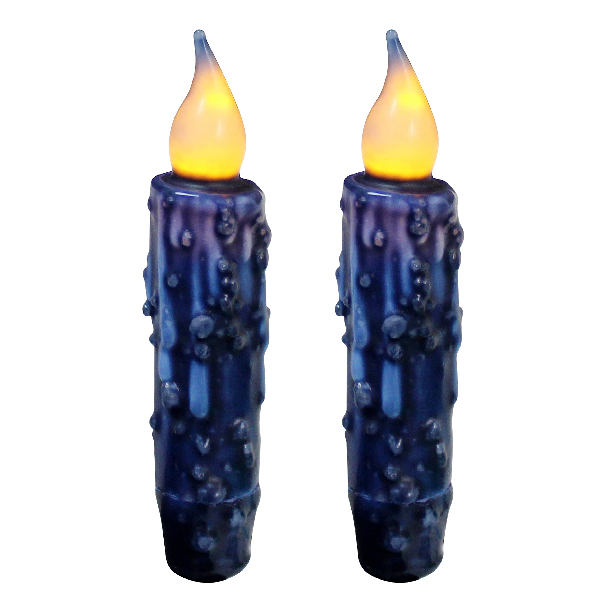 CVHOMEDECO. Real Wax Hand Dipped Battery Operated LED Timer Taper Candles Rustic Primitive Flameless Lights Decor, 4-3/4 Inch, Navy Blue, 2 PCS in a