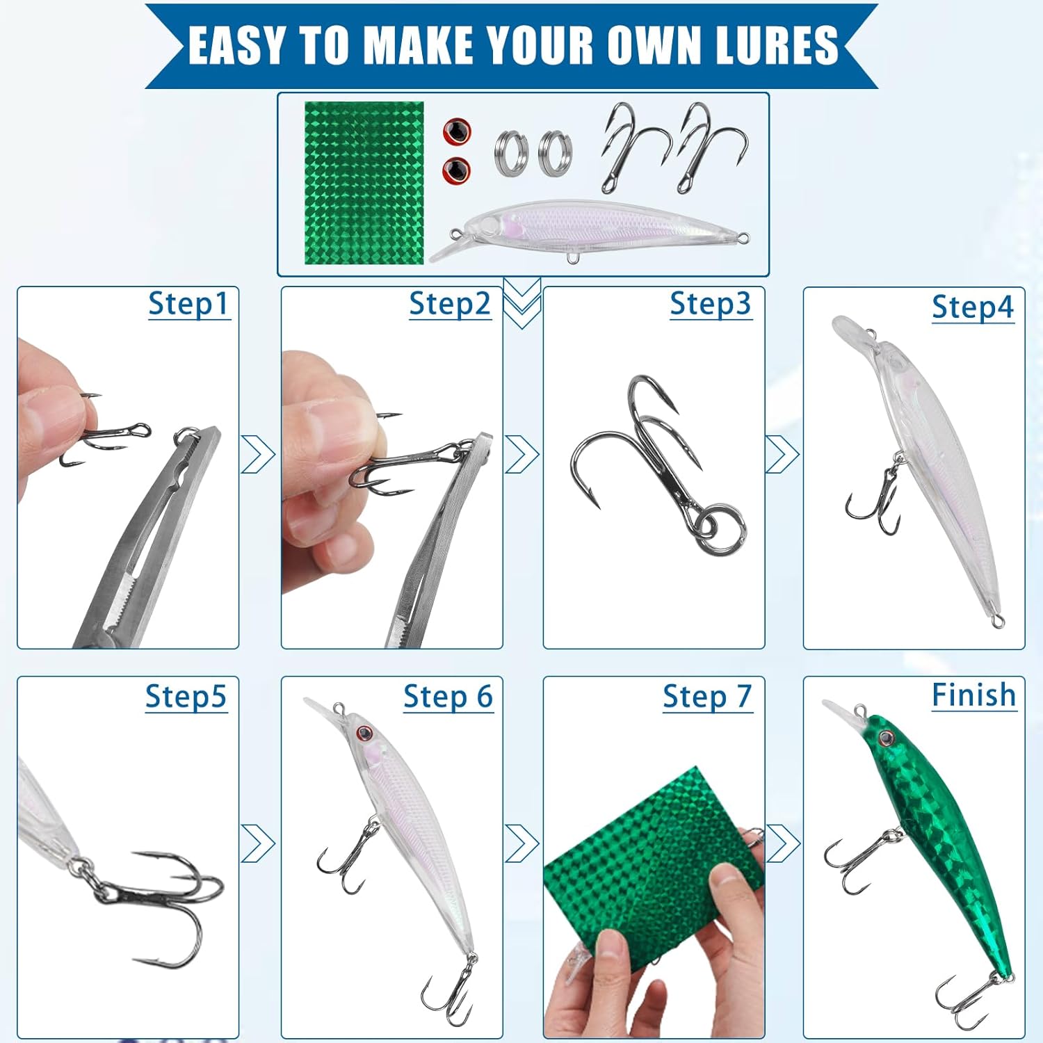 Unpainted Fishing Lures Making Kit DIY Blank Lures Crankbaits Minnow Jerkbait Hard Bait Set with Treble Hooks, Split Rings, Lure Eyes, Lure Stickers Lure Making Supplies Make Your Own Fishing Lures