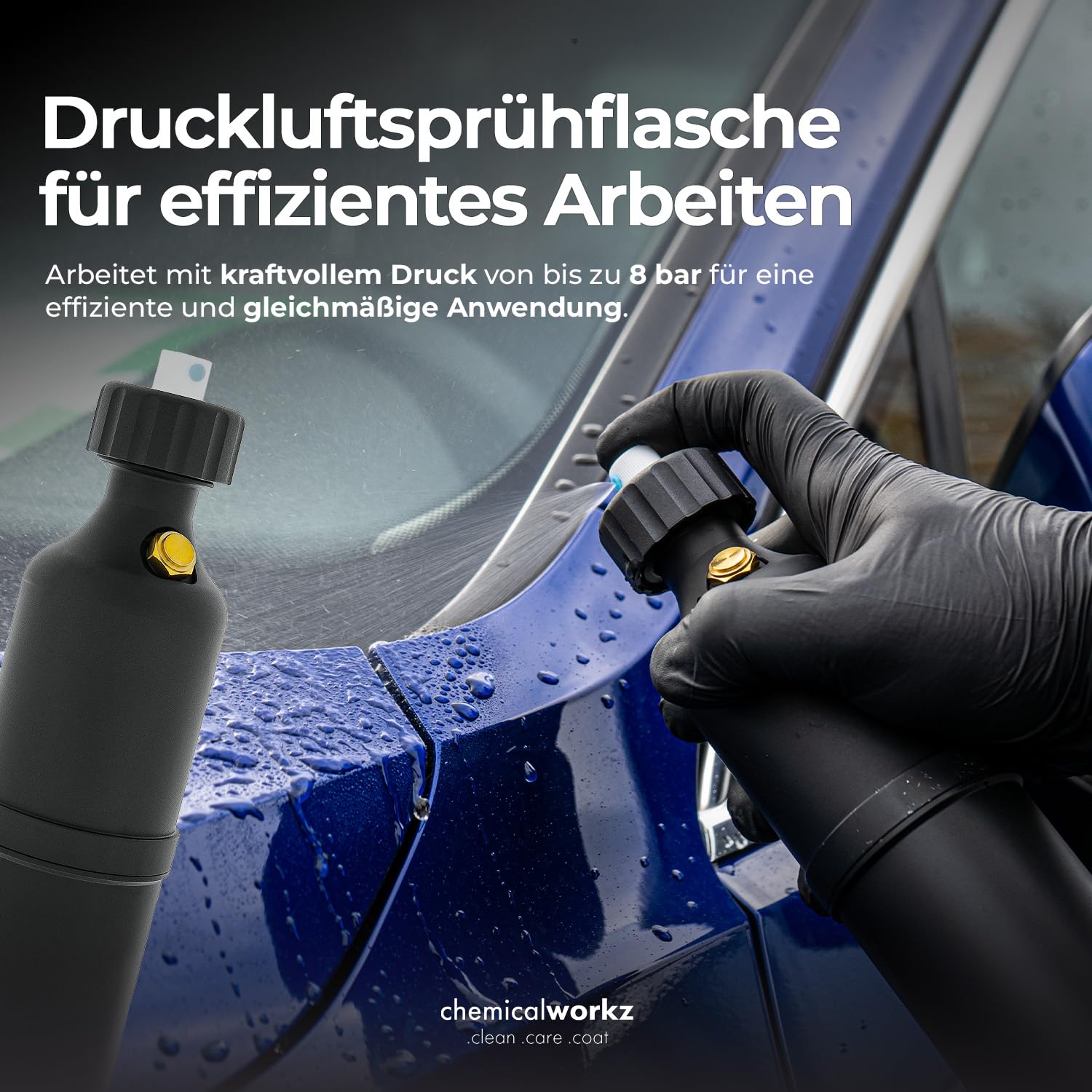 chemicalworkz Druckluft Sprühflasche 200 ml | Refill Pressure Sprayer mit 8 bar, Sicherheitsventil und 2 Düsen für Sprühnebel & Punktstrahl | Wiederbefüllbares Drucksprühgerät für Auto & Werkstatt