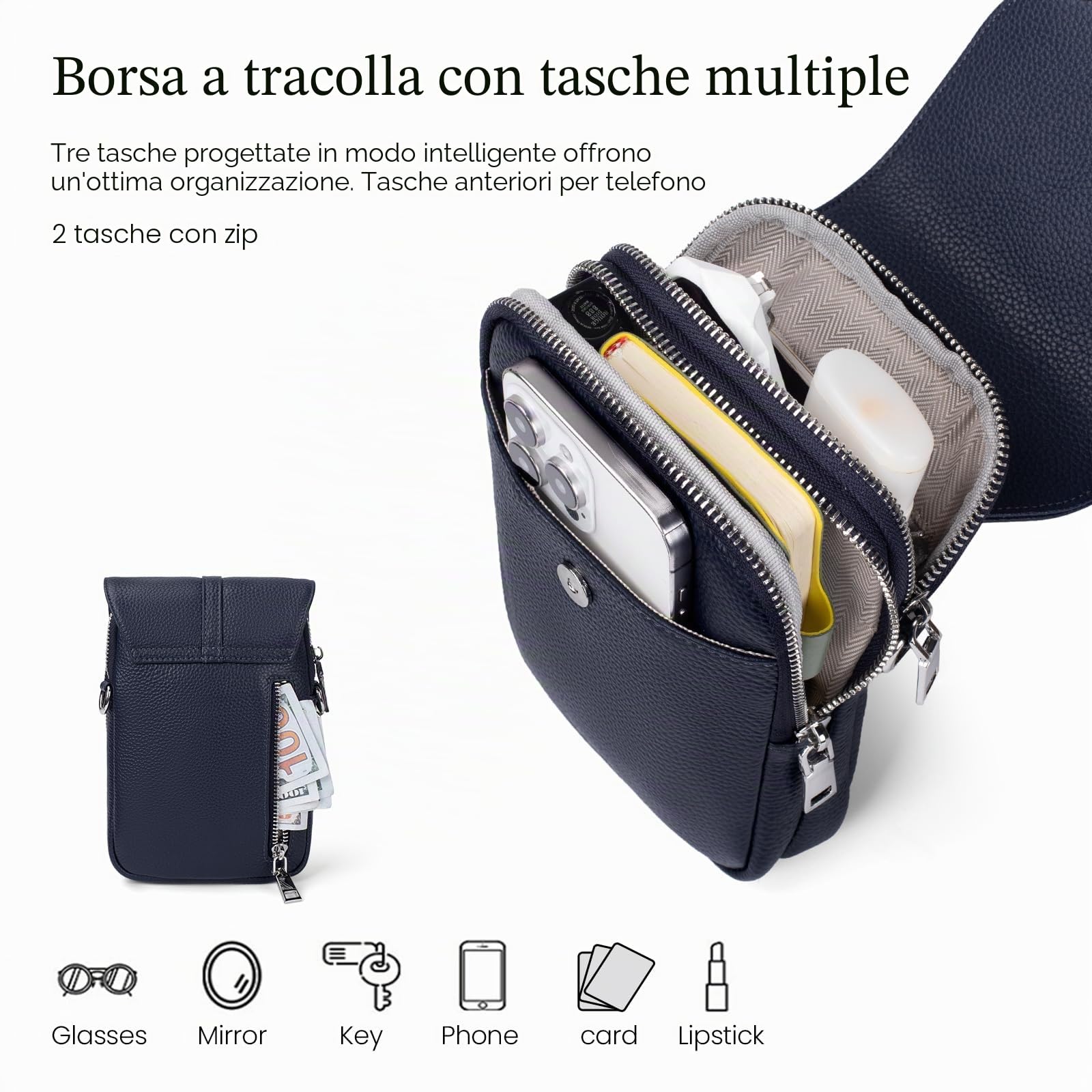 befen Piccola Borsa a Tracolla in Vera Pelle da Donna, Multi Tasca per Telefono Cellulare, Borsa a Tracolla con Blocco RFID Slot per Carte