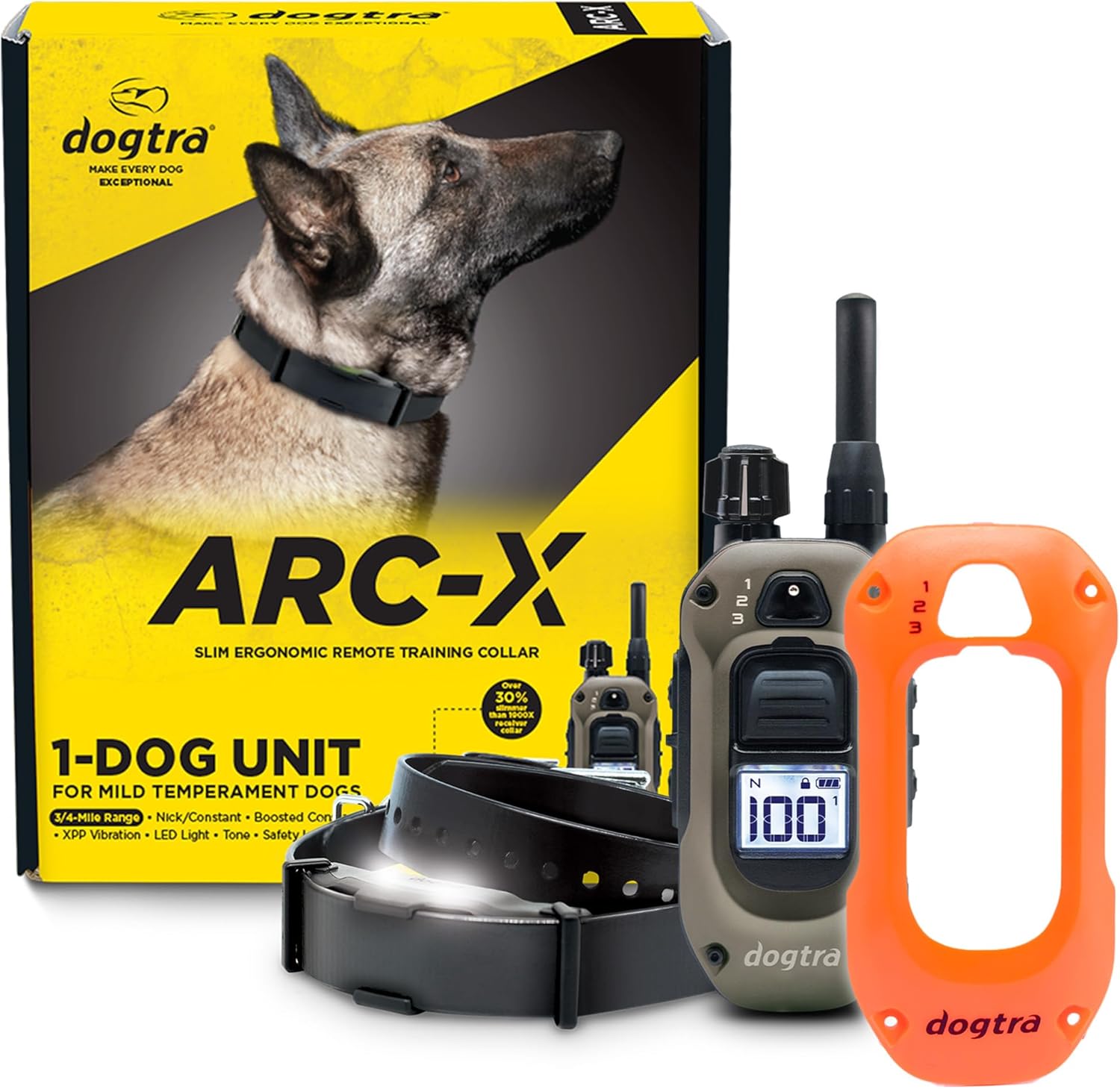 Dogtra ARC-X E-Collar with Orange X-Shield – Slim Remote Trainer, 3/4 Mile Range, Waterproof, 100 Levels, Vibration & Tone
