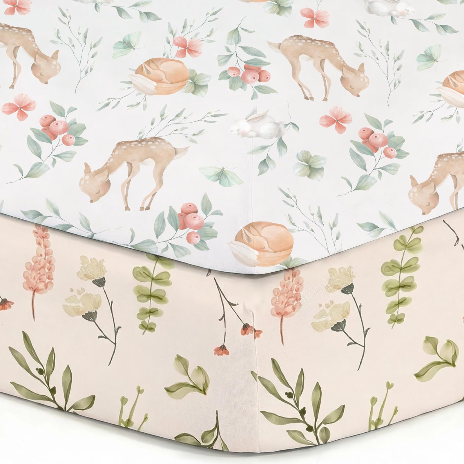 Pack n Play Sheets, BROLEX 2 Pack Mini Crib Sheets,Stretchy Portable Fitted Playard Sheet Set, Convertible Playard Mattress Cover,Ultra Soft Breathable Material,Fawn &amp; Flora