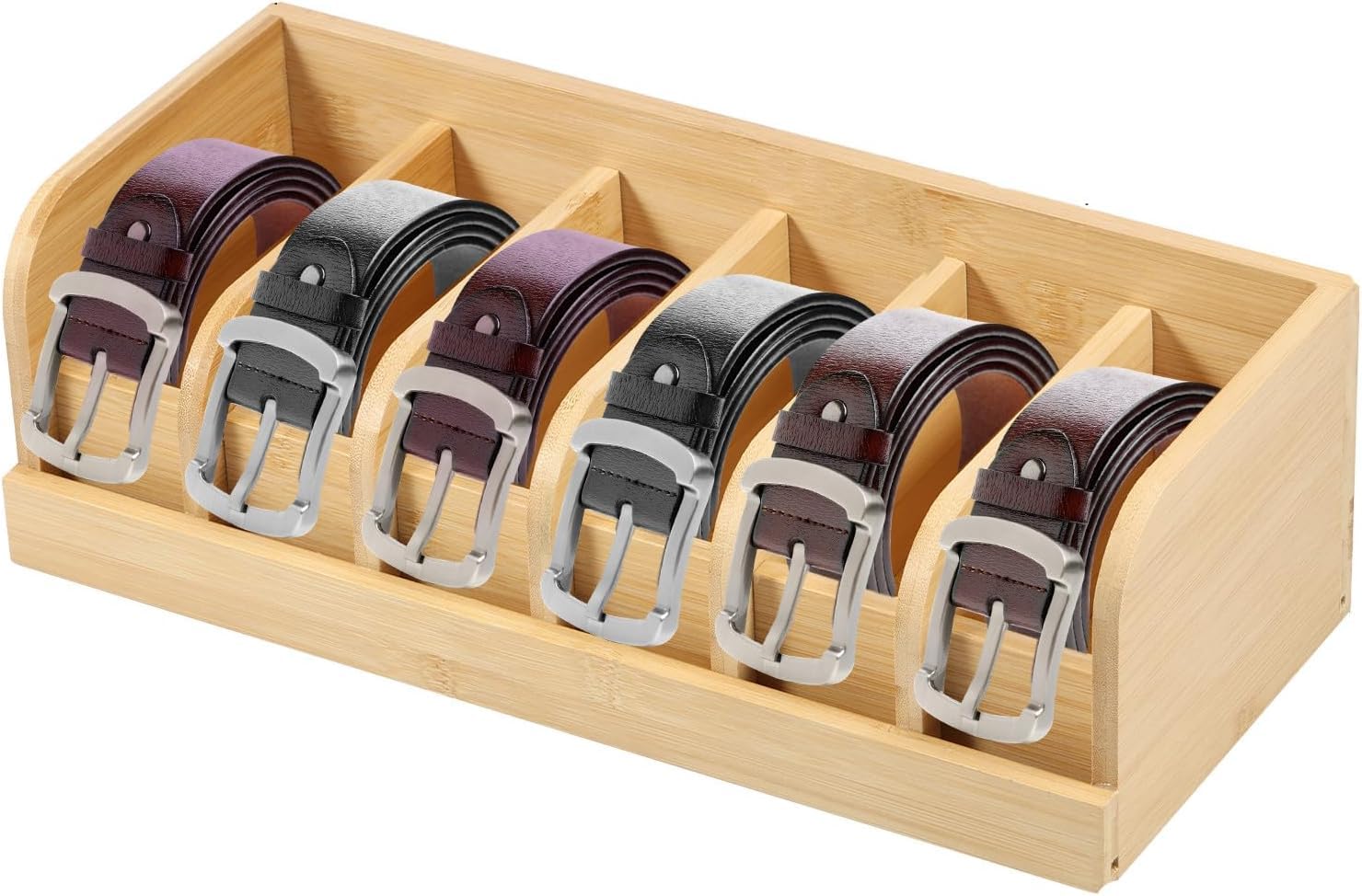 NIHUIFDPY Wooden Belt Organizer, 6 Compartments Belt Storage Holder, Belts Display Storage Box, Belts Display Case for Closet Drawer Tie Bow Watch Jewelry Cosmetic (log)