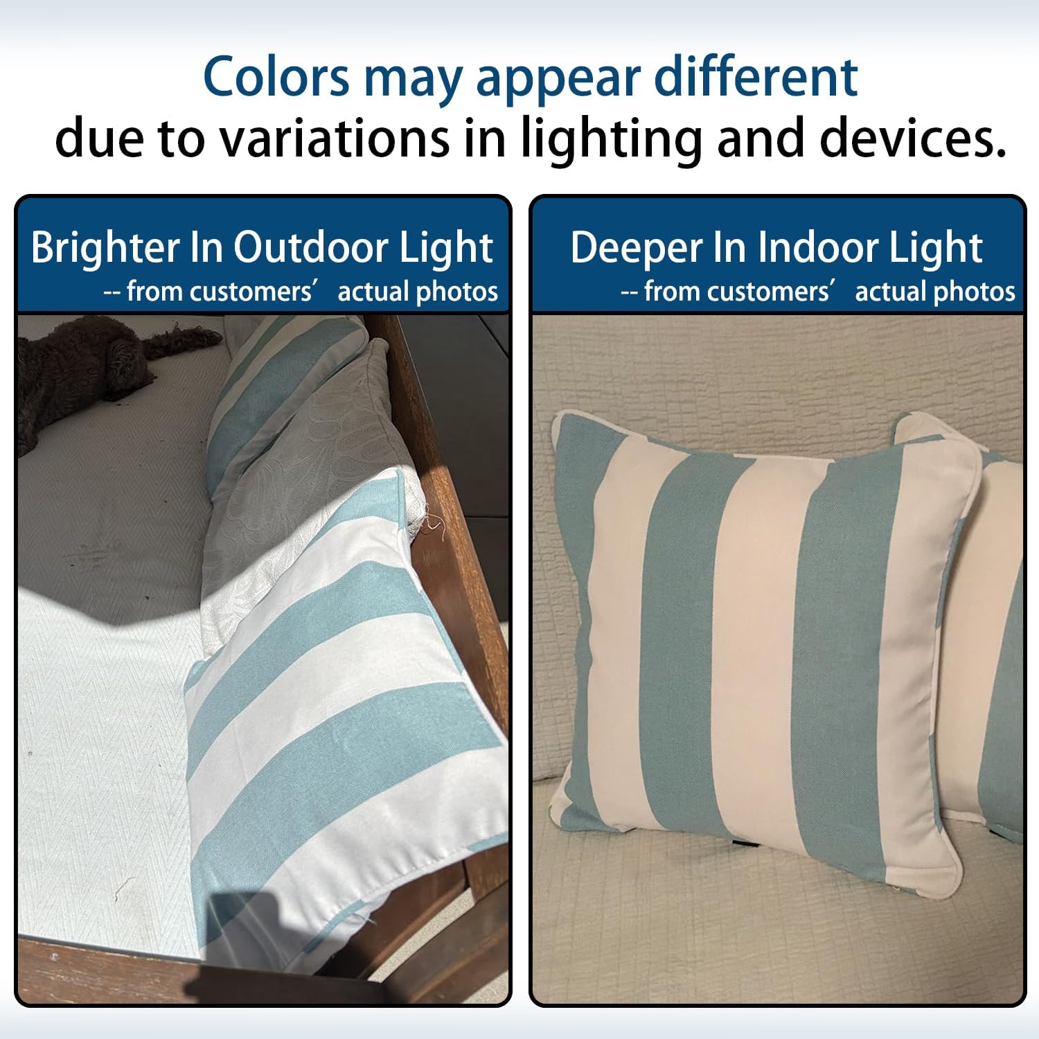 Outdoor Throw Pillow with Insert 18x18 Inch, Set of 2, Piping Edge Waterproof Fade Resistant Decorative Fluffy Pillows for Patio Furniture Chair Bench Couch Sofa - Teal Ivory Striped