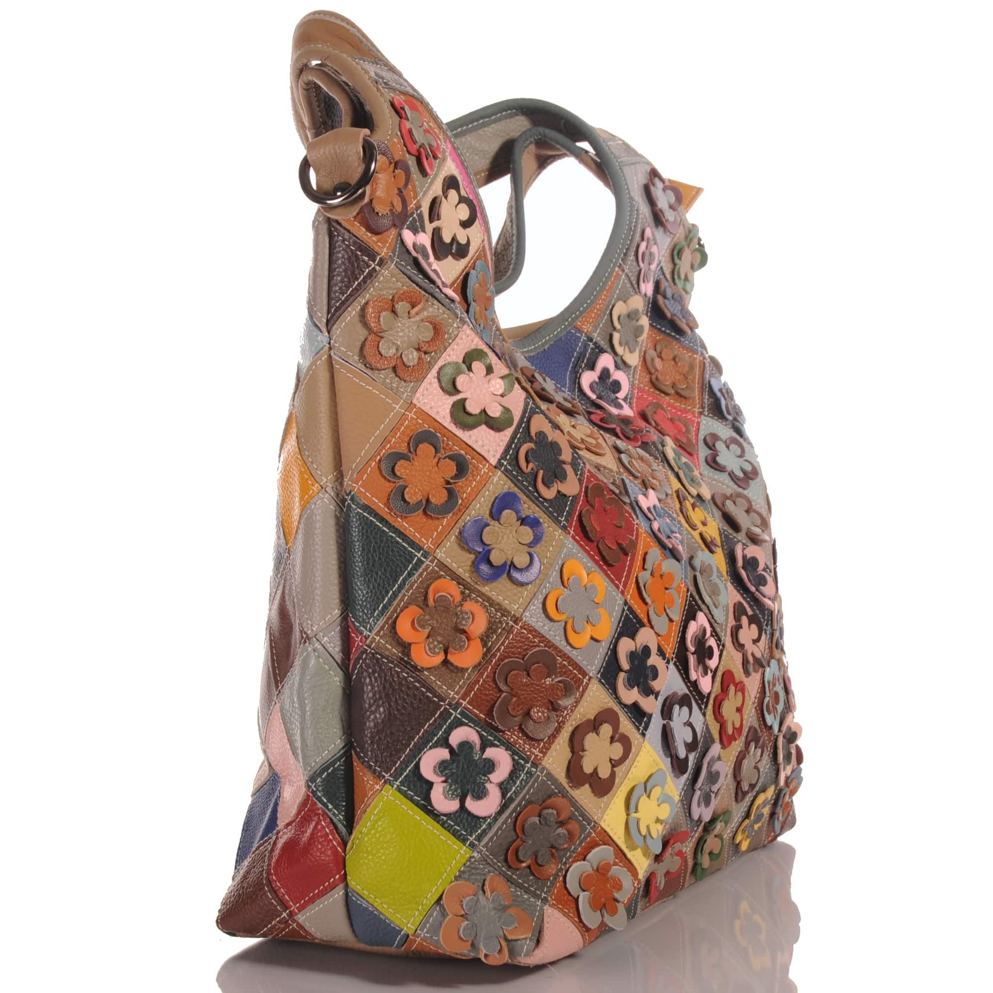 KMISSO Damen Schultertasche Leder Patchwork Blumen – großer Shopper aus Echtleder, designed in Italy, bunte Hobo Bag 44x32x14 cm mit Reißverschluss & Innenfächern