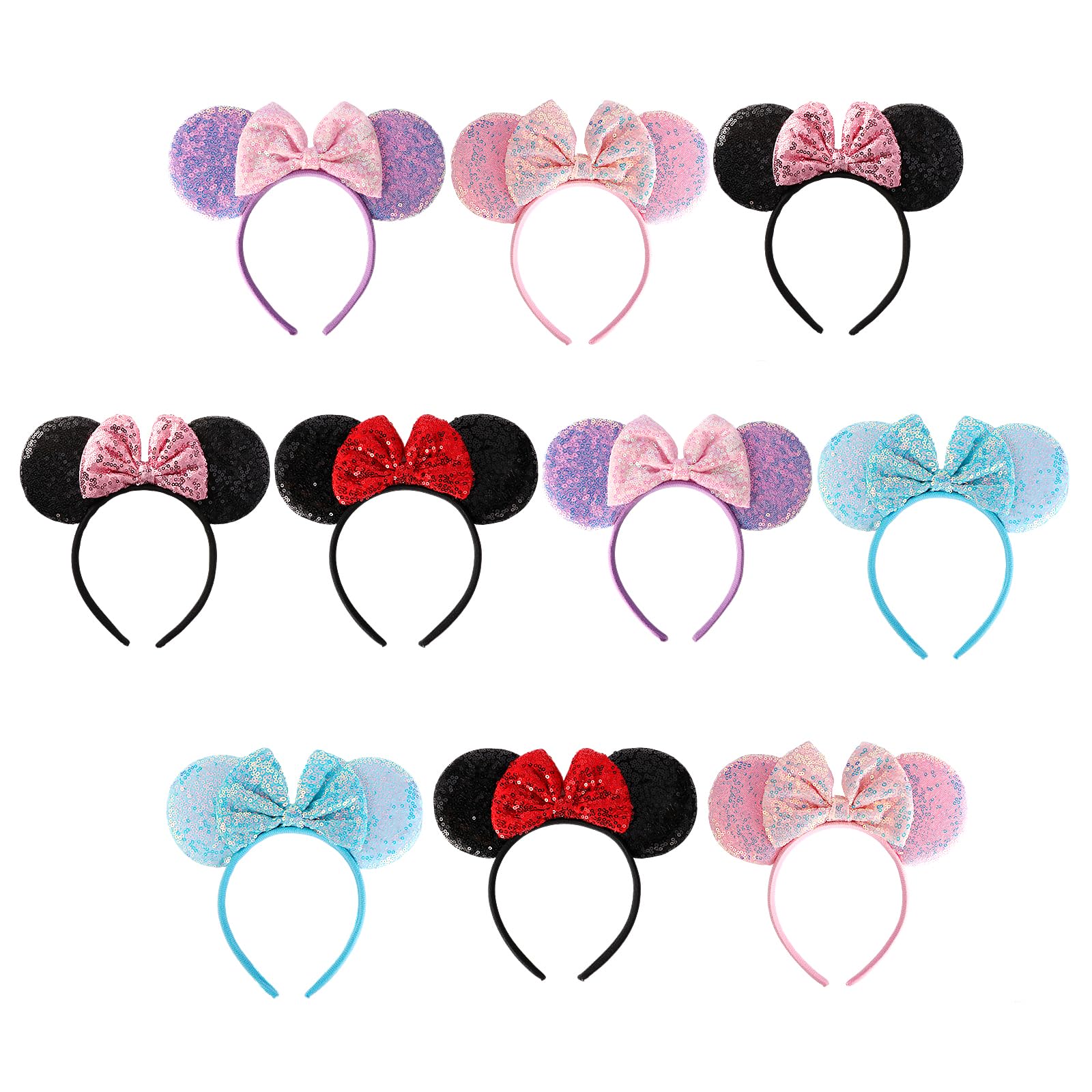 Kacmagic 10-Pack Sequin Mouse Ears Headbands, Shiny Bows Hairbands Sparkly Hair Accessories for Adults, Women, Girls, Perfect for Theme Parks, Parties and Cosplay