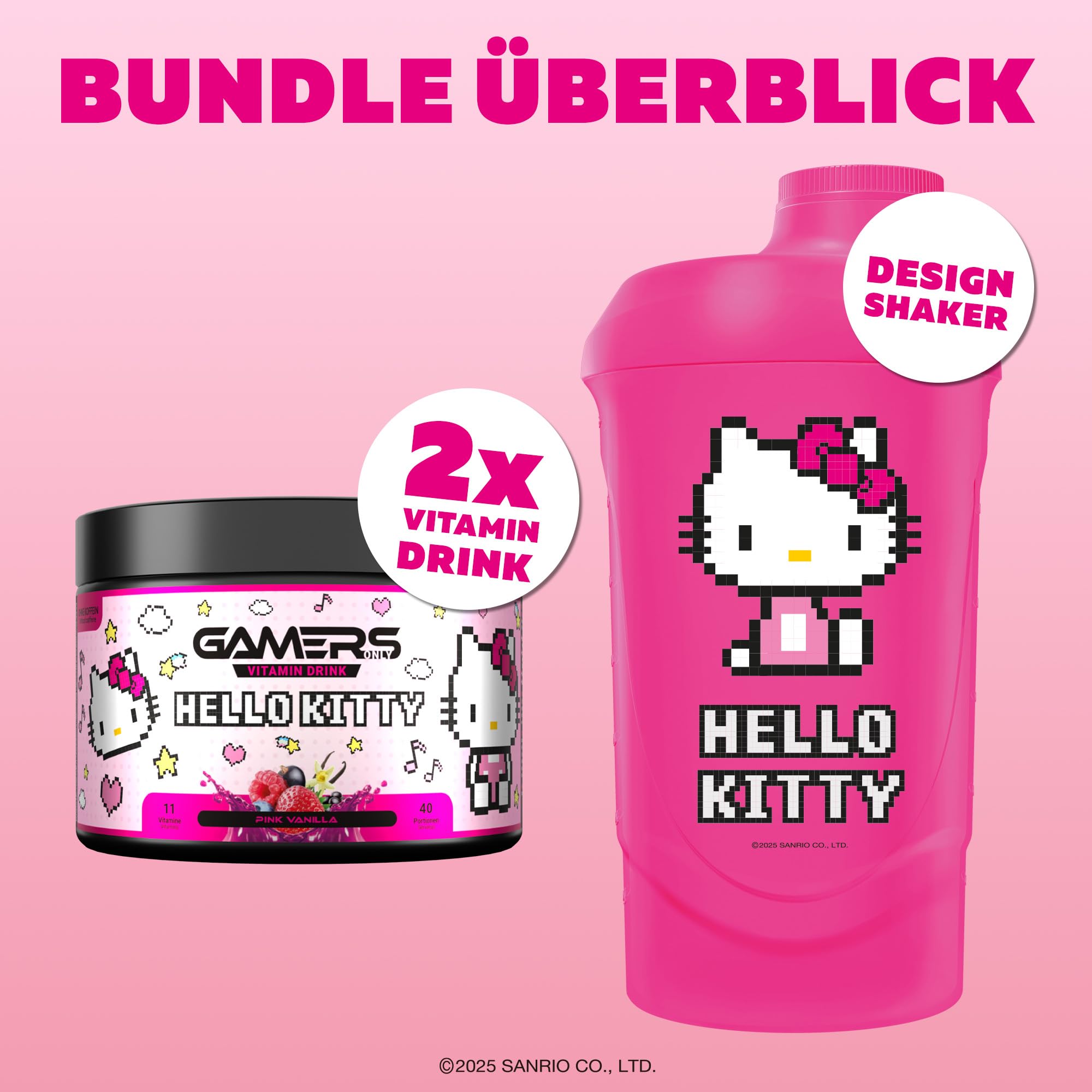 Gamers Only x HELLO KITTY Collector Bundle [MIT 2x VITAMIN DRINK ] - 40 Portionen | inkl. Shaker | Erhöht die Konzentration & Reaktionen | 125 MG Koffein & 12 Vitaminen
