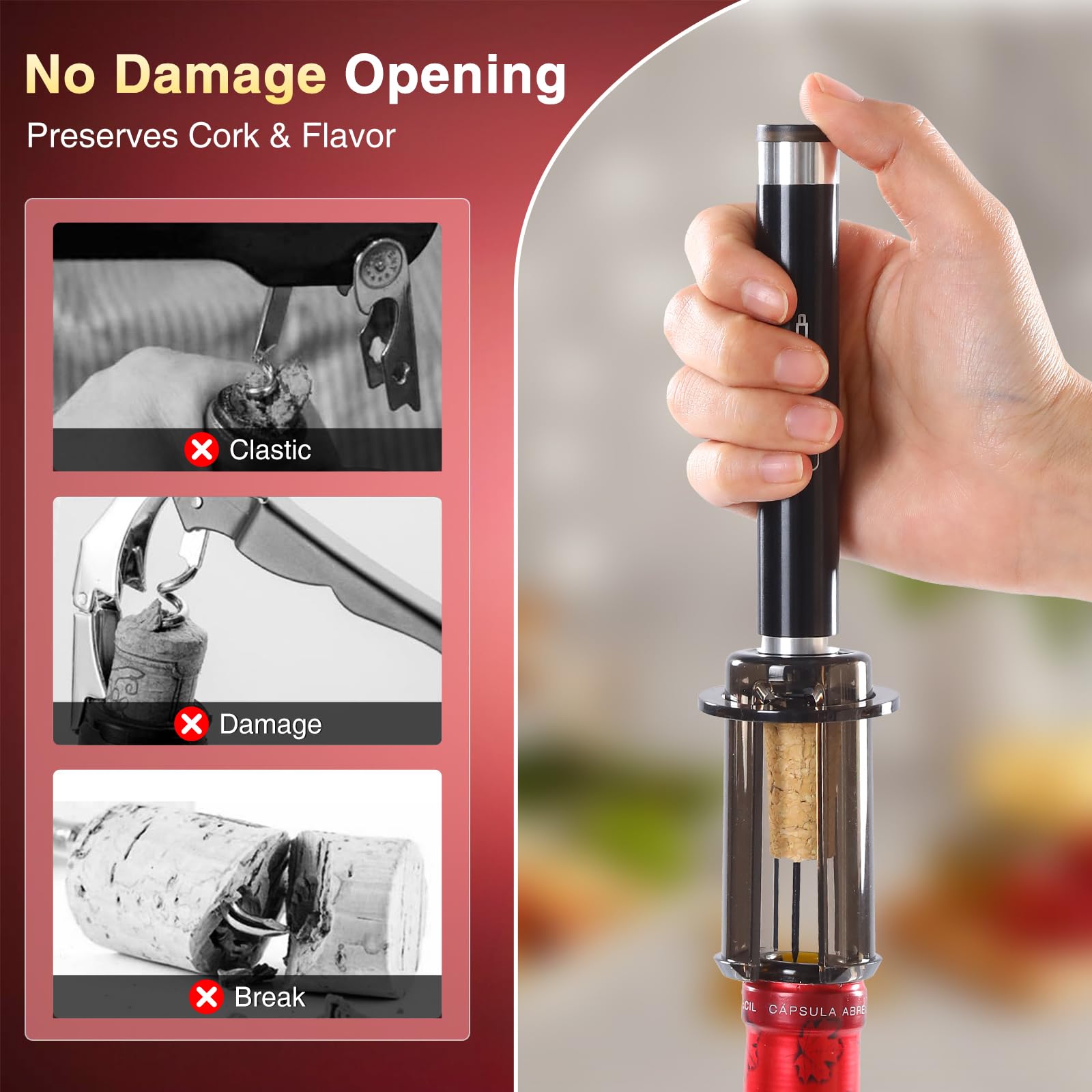 Quntis Cavatappi per Vino, Apribottiglie Vino di Pompa Pressione Aria Cavatappi Portatile Inox, con cappuccio protettivo Regali Natale Uomini Donne Accessori Vino per Feste Vacanze Casa Cucina