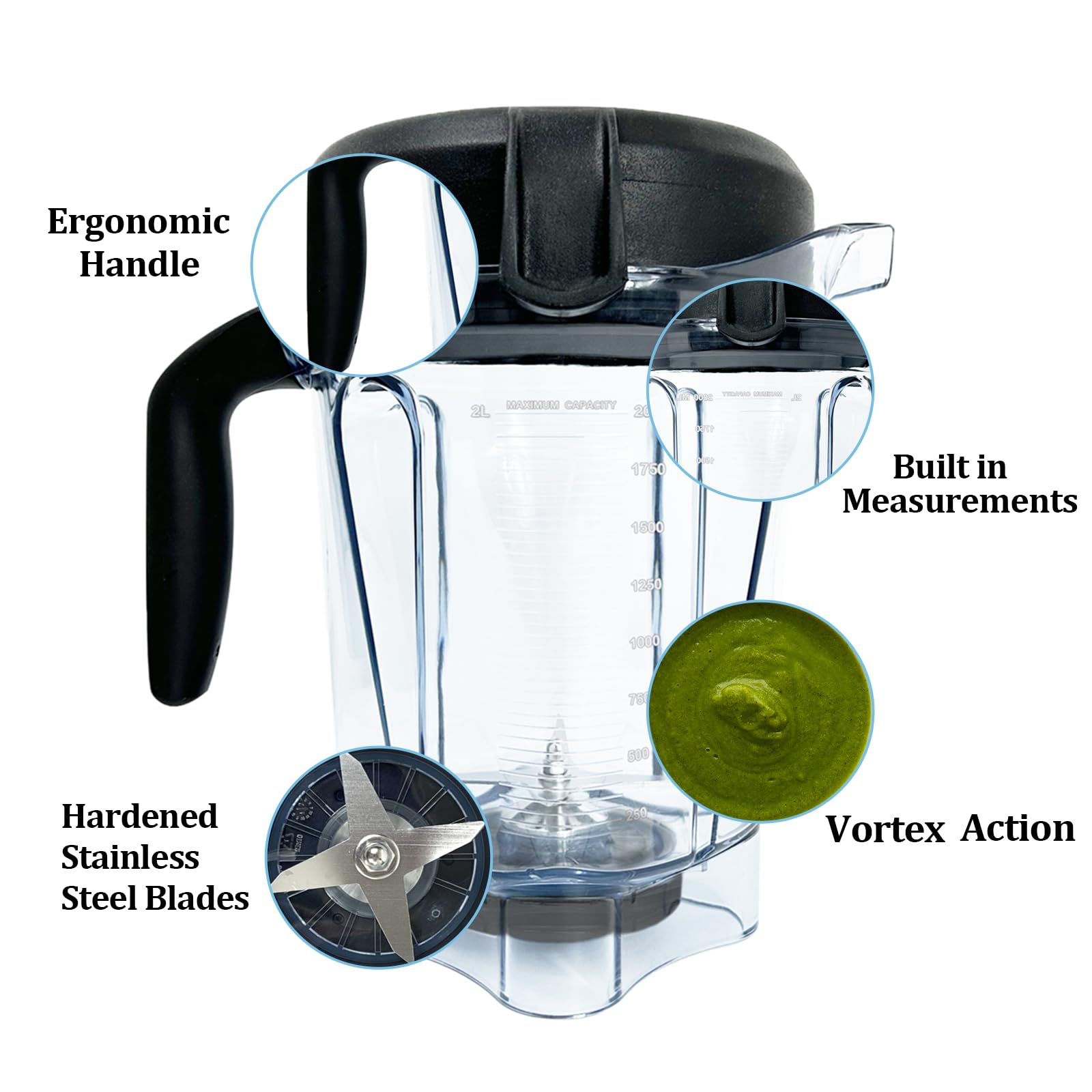 Pour mixeur Vitamix 64 oz profil bas, pitcher de rechange pour Vitamix 750 5300 5200 7500 6300 Vm0102 Vm0103 Vm0197 E310 G/Classic C/Explorian/Commercial Series, etc