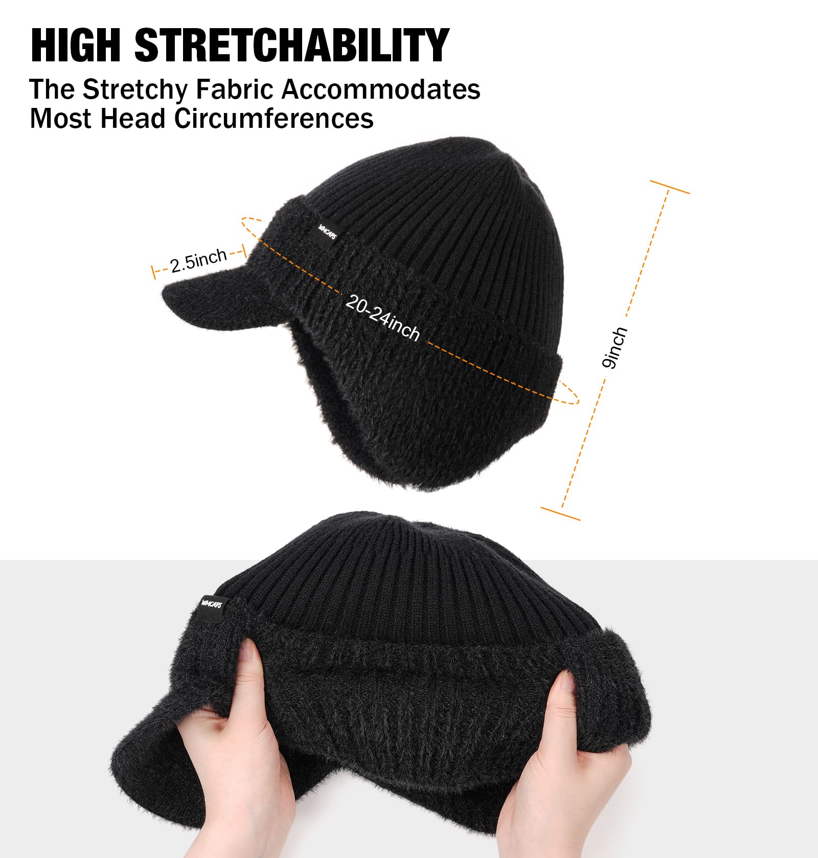 Wmcaps Bonnet d'hiver avec bord et cache-oreilles, doublure en polaire chaude pour homme et femme