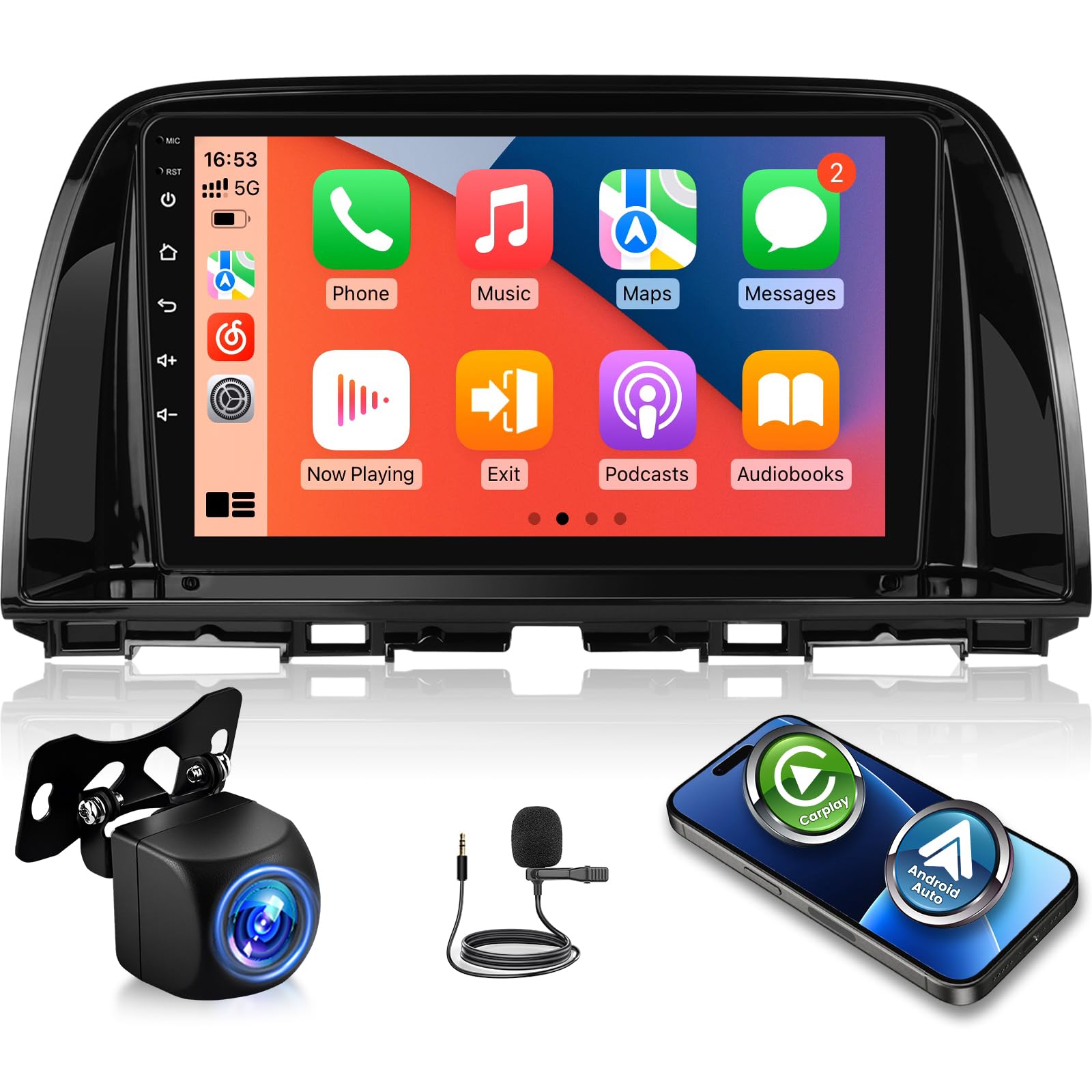 2GB+64GB Autoradio Android per Mazda CX-5 2012-2015 con CarPlay&Android Auto Senza Fili, 9 Pollici Touchscreen Auto Radio con EQ DSP, WiFi, Navigazione GPS, FM RDS, Bluetooth+Telecamera di Retromarcia