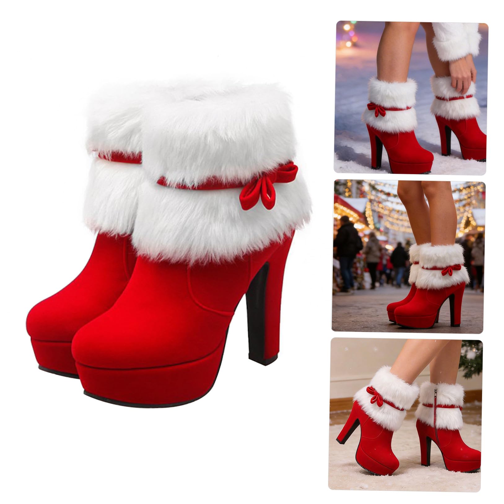 Stivaletti Natalizi Invernali con Spesso e Pelliccia Stivaletti Caviglia con e Zip Laterale Boots in Caldi per Natale