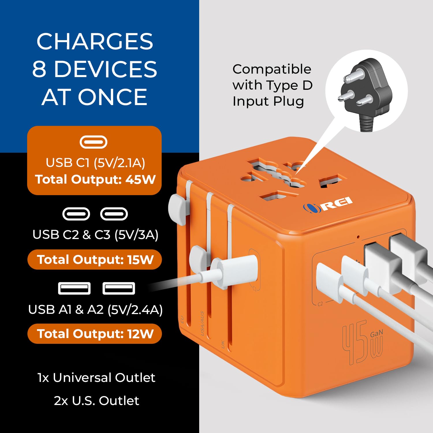 Orei 45Watt Universal Charger Adapter | 3X USBC 2XUSB A - 6-in-1 International Travel Adapter | Universal Travel Adapter Compatible 150+ Countries | Type C, A, G, I Compatible, Cosmic Orange 2