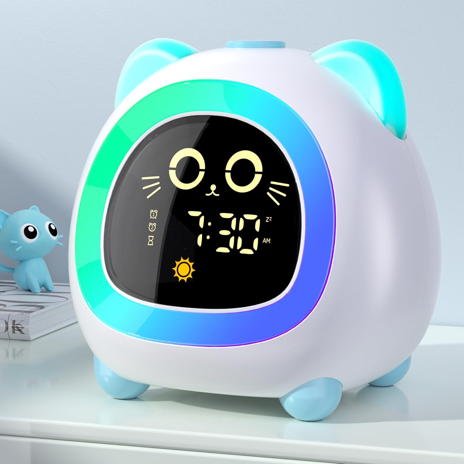 Alarm Clock for Kids, Ok to Wake Clock for Kids with Eye Protection Sleep Training Auto Off Feature 10 Night Light Dual Alarm for Bedroom, Kids Alarm Clock Aurora Blue Cat Gifts for Girls Boys