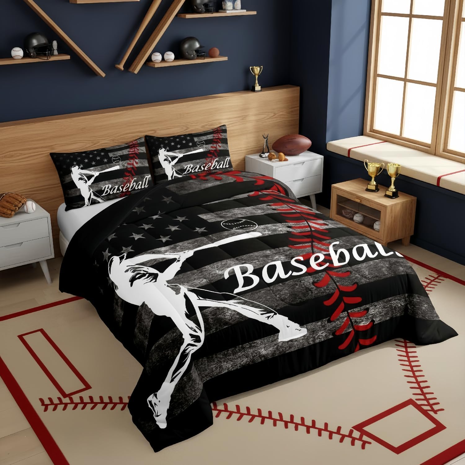 Erosebridal Boys Baseball Comforter Set Vintage American Flag Bedding Full Size for Adult Girls Kids Ball Games Sports Theme Duvet Set Retro USA Flag Print Quilts Grunge Stripes Star Decor Bedding