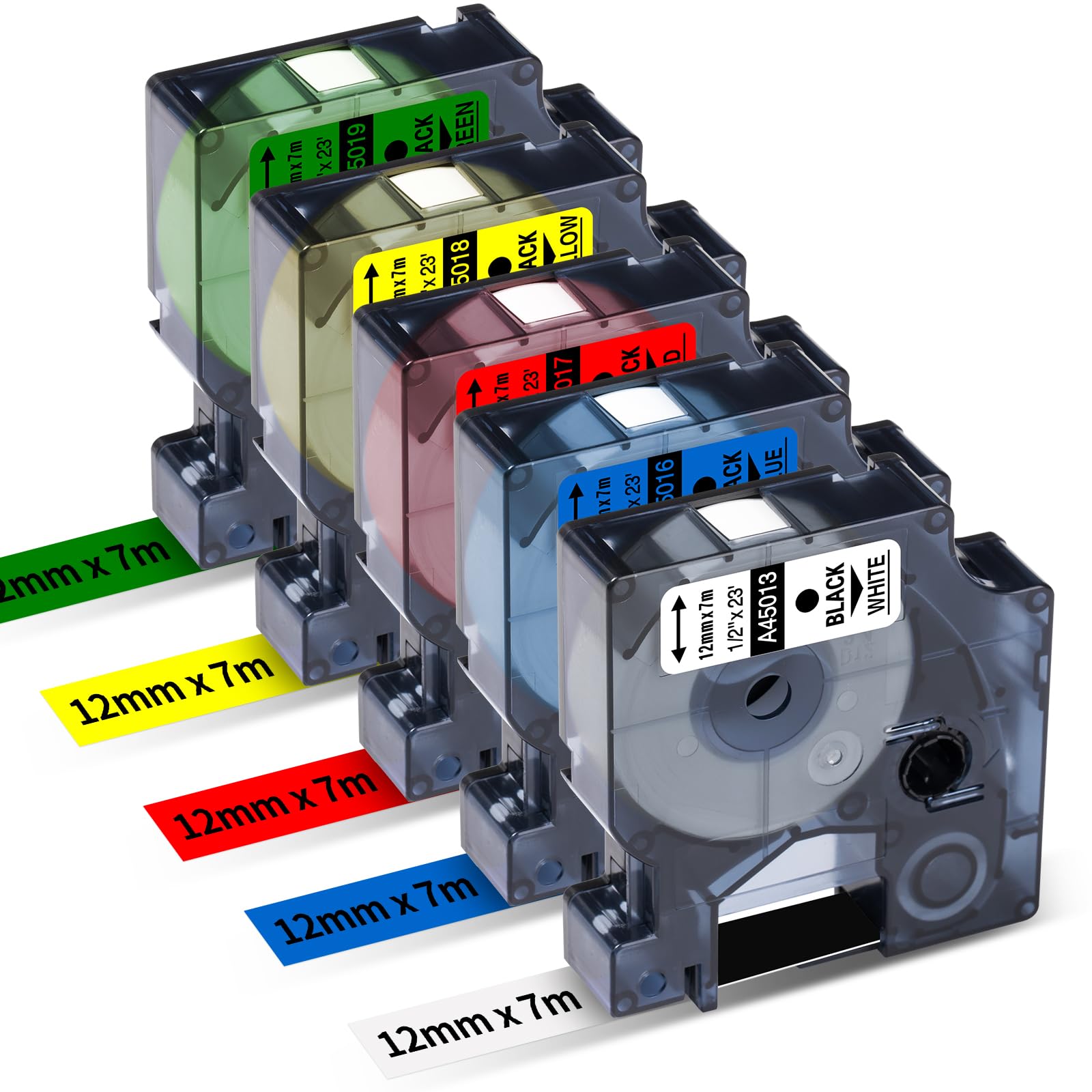 Upwinning Compatible with Dymo D1 Label Tape 12mm x 7m Black on White/Red/Blue/Yellow/Green, 45013 45015 45016 45017 45018, Compatible for Dymo LabelManager 160 280 360D 420P 640CB, 5PK