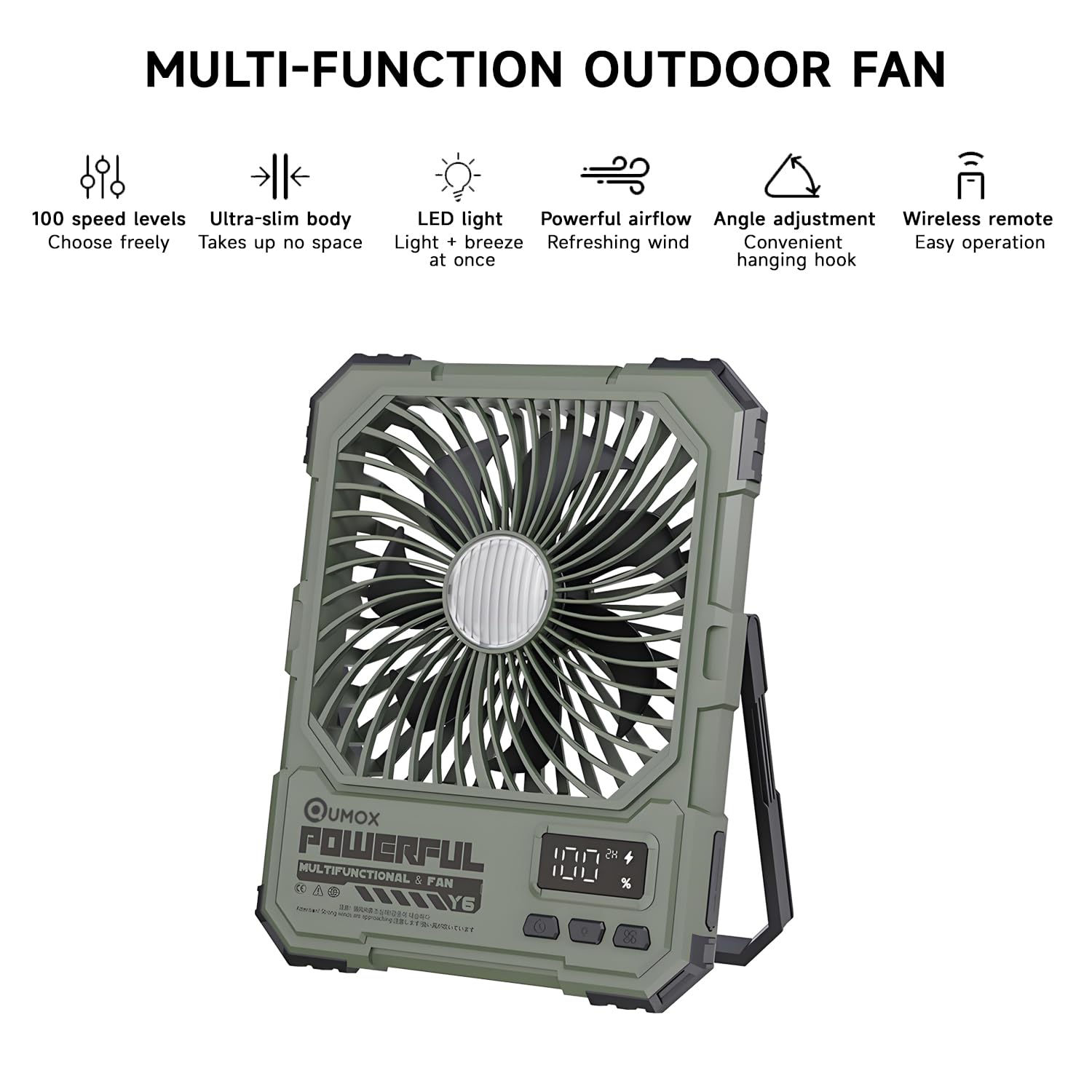 QUMOX Ventilatore da Campeggio Ricaricabile 20000mAh con Luce LED, Telecomando, 100 Livelli di Velocità, Timer 2/4/6H, Gancio e Supporto, Ventilatore Portatile per Tenda, Viaggio, Casa (Verde)