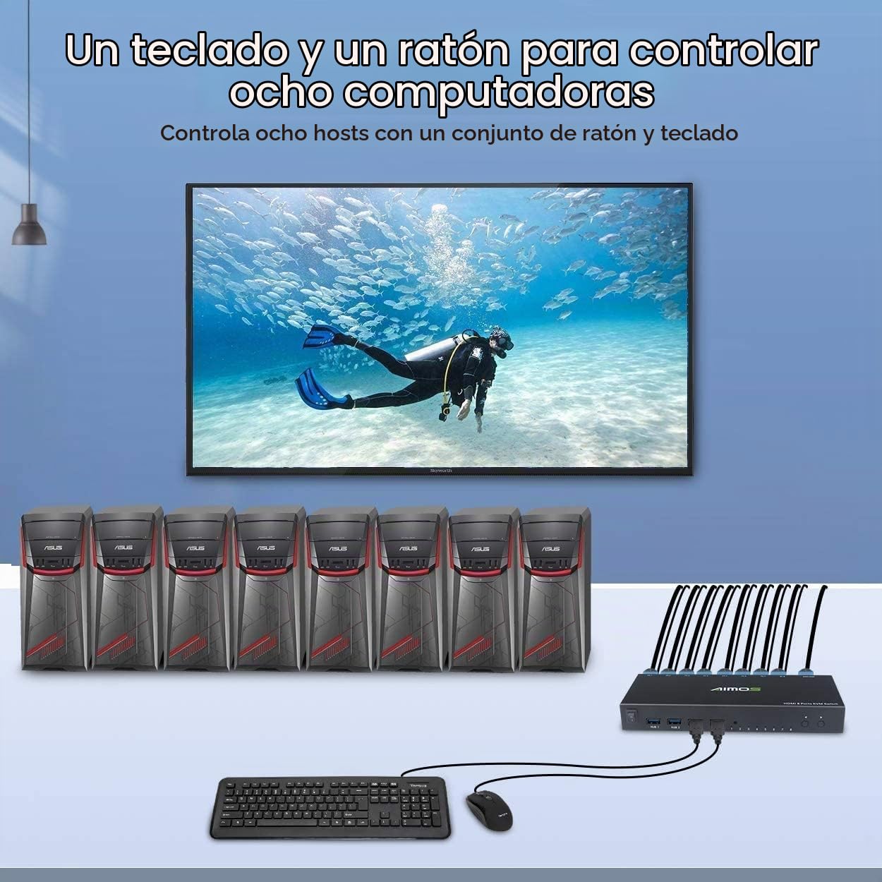 AIMOS KVM Switch, HDMI Conmutador 8 Entradas 1 Salida USB 2.0 Switcher Hub, Selector De Mouse y Teclado Admite 4K @ 30Hz 3D para Computadora Portátil, PC, PS4, Xbox HDTV