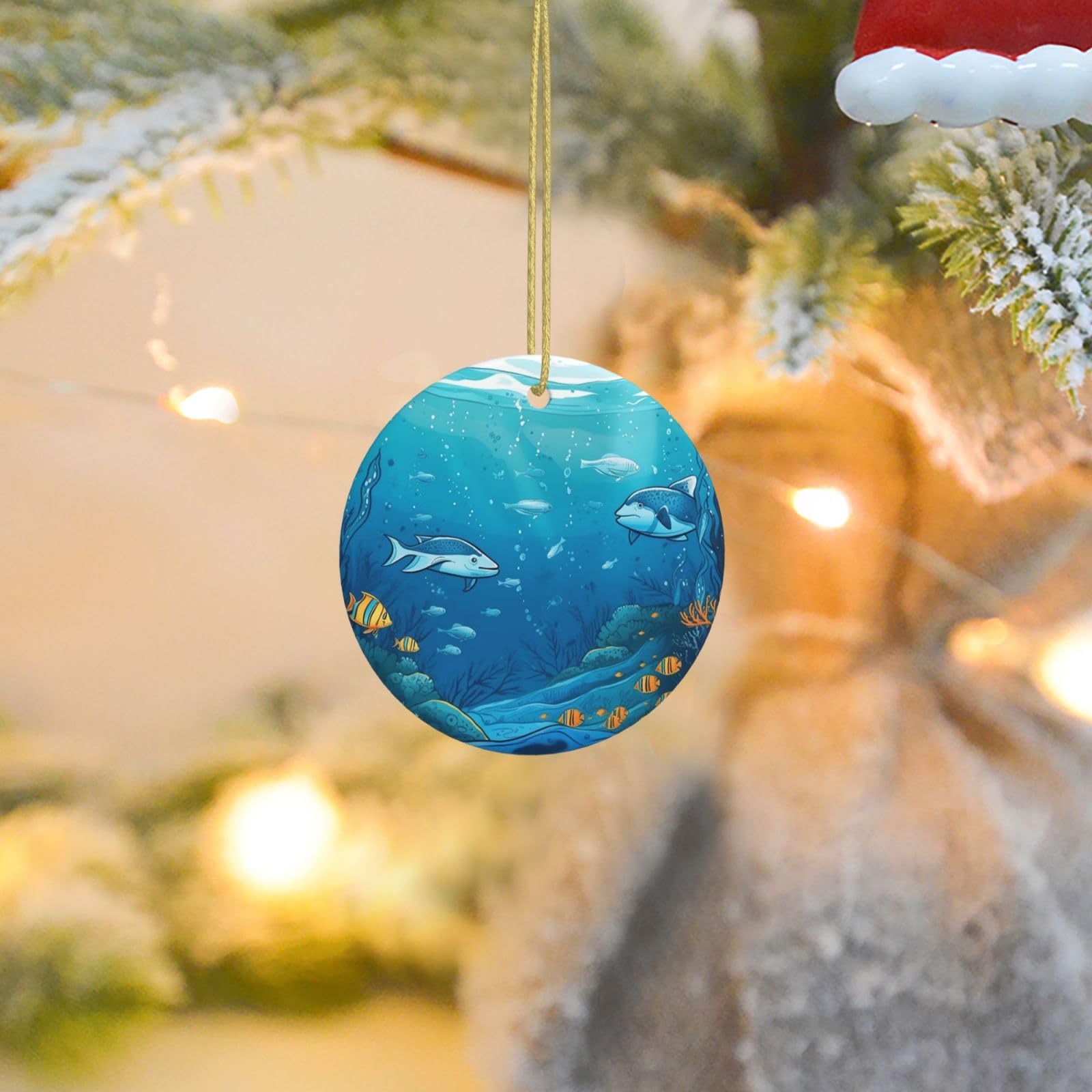 Christmas Tree Ornaments Ceramics Christmas Round Decorations Underwater Ocean Illustration Ceramics Ornaments Circle Pentagram Xmas Tree Hanging Pendant for Christmas Tree Party Holiday Home Decor
