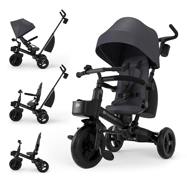Kinderkraft Aveo 2 Pro Bebé, Plegable, Trike, Bicicleta para Niños, Triciclo Evolutivo, Bicicleta Bebe, con Accesorios Práctico, Dos Cestas, 9 Meses a 25 kg, Gris