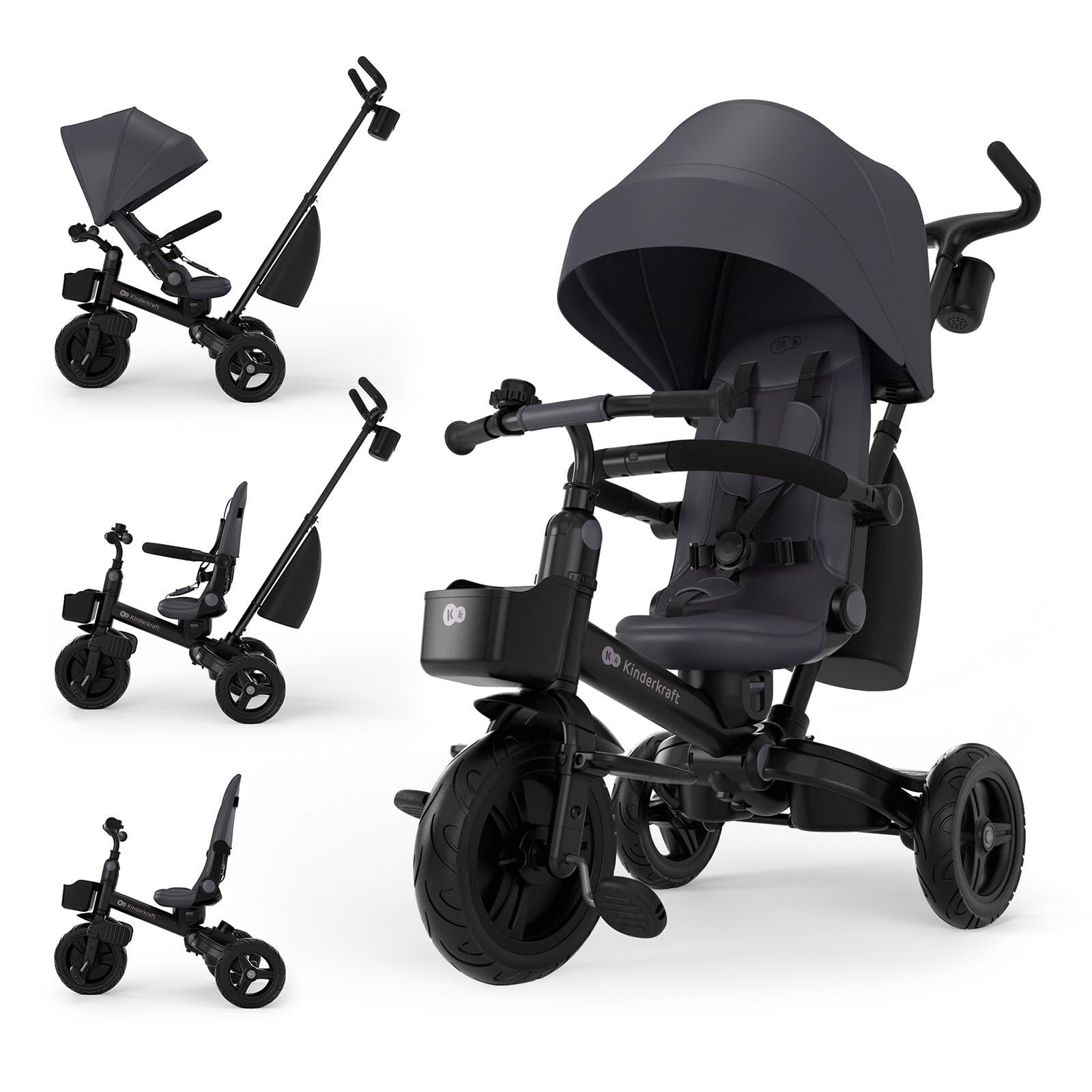 Kinderkraft AVEO 2 PRO Triciclo bambini dai 9 Mesi fino 25 kg, Passeggino con Maniglione del Genitore regolabile, Bici, Compatto pieghevole, Sedile girevole Fronte Mamma e Strada, Ruota libera, Grigio